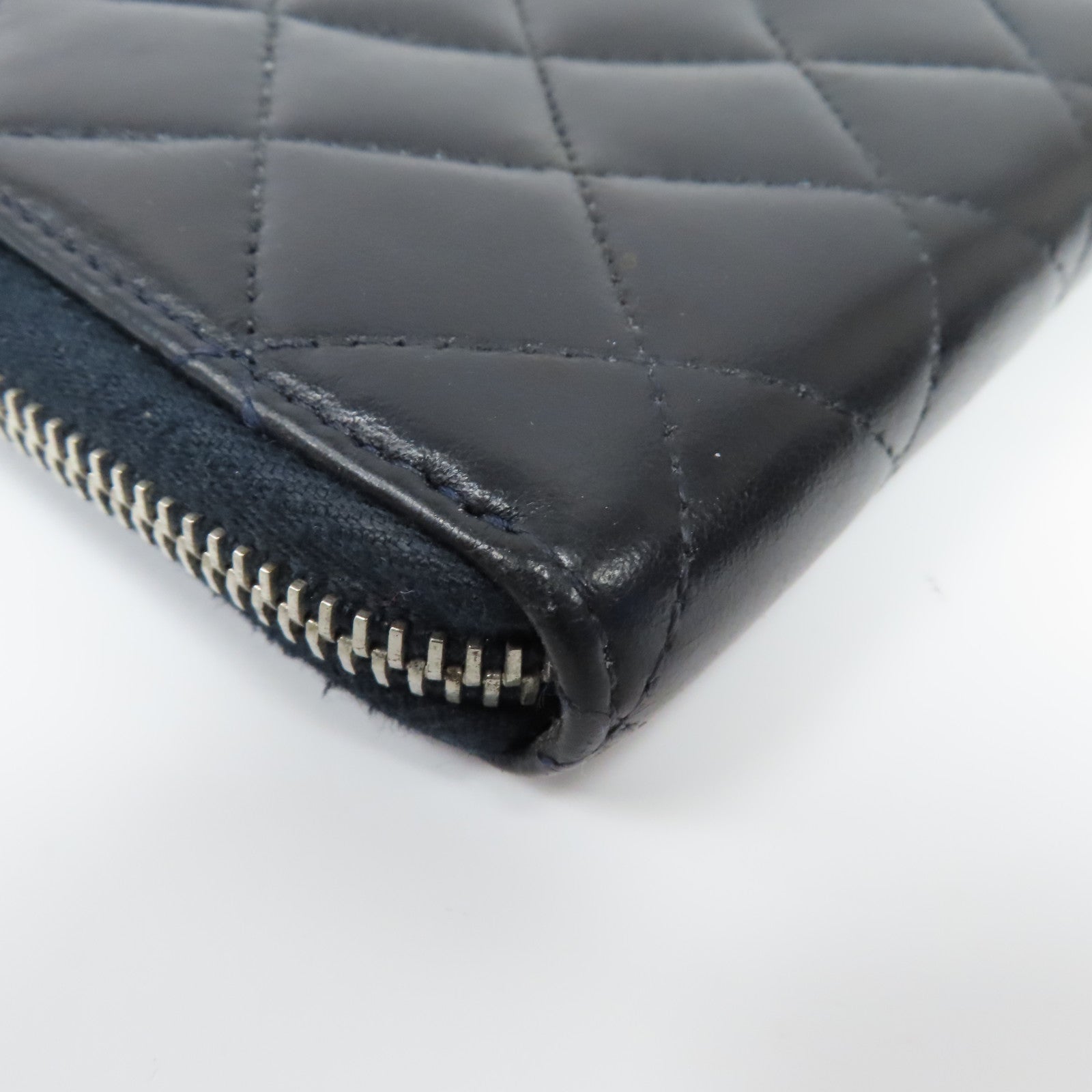 CHANEL 菱格羊皮皮革Zipper Long Wallet銀扣拉鍊長錢包黑色