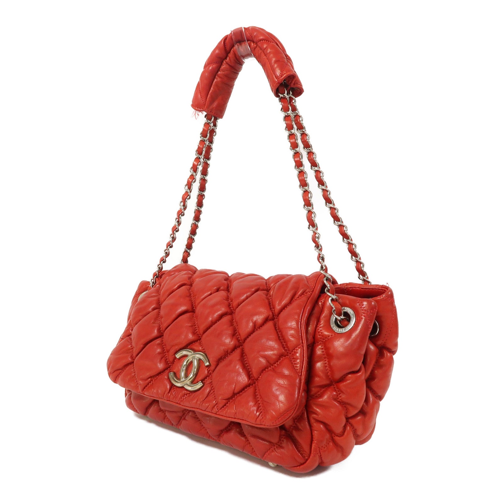 CHANEL 菱格牛皮皮革Shoulder Bag銀扣鏈帶肩背袋紅色