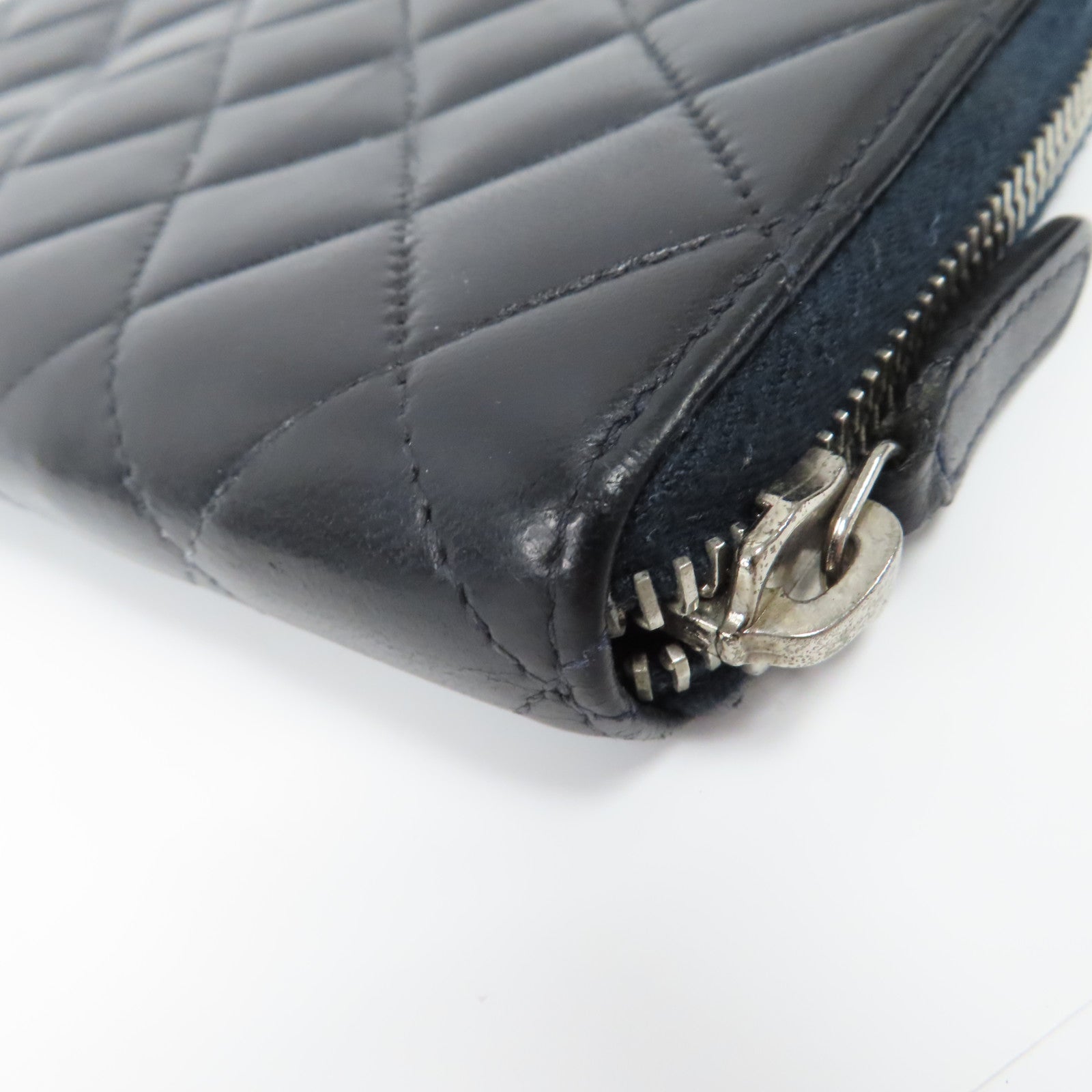 CHANEL 菱格羊皮皮革Zipper Long Wallet銀扣拉鍊長錢包黑色