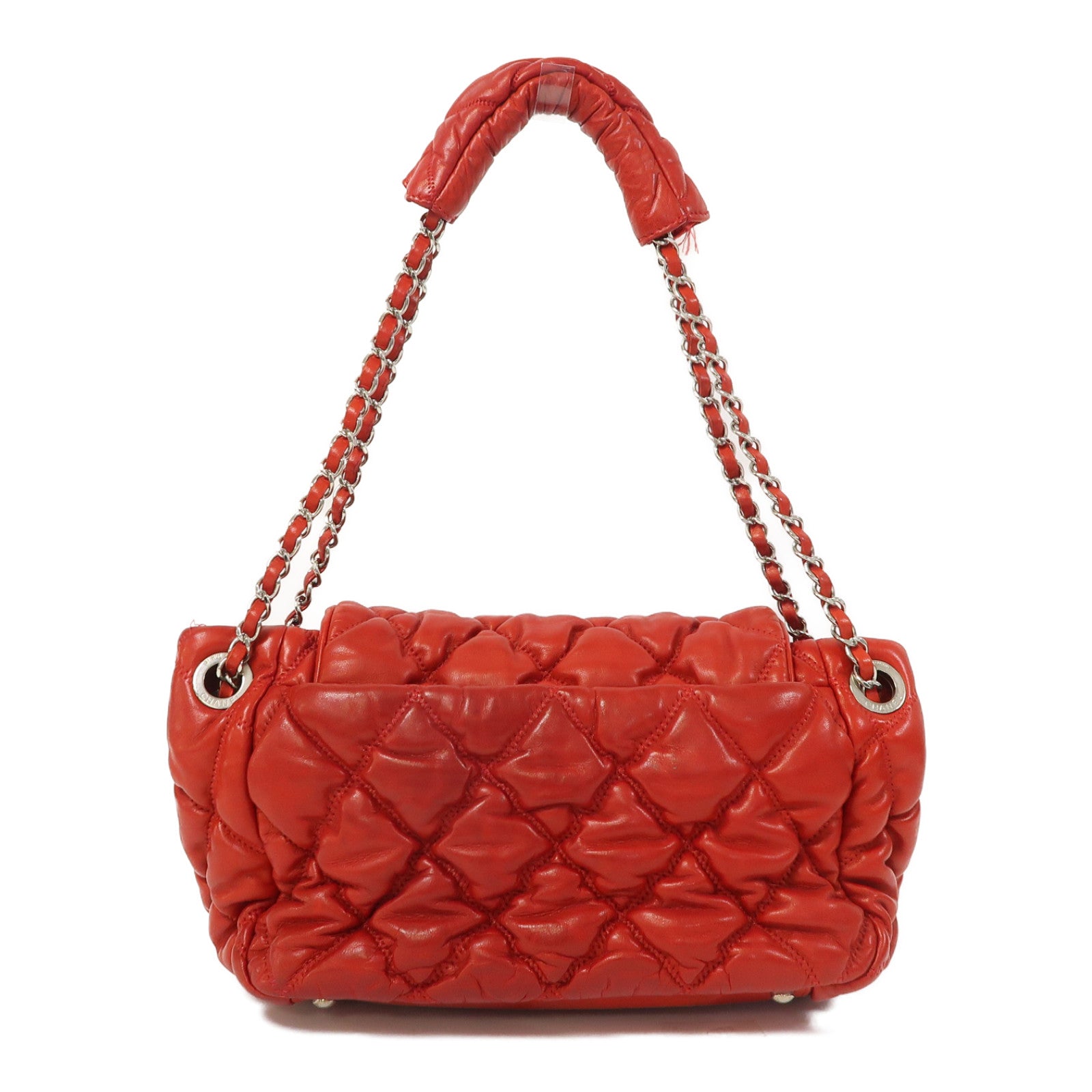 CHANEL 菱格牛皮皮革Shoulder Bag銀扣鏈帶肩背袋紅色