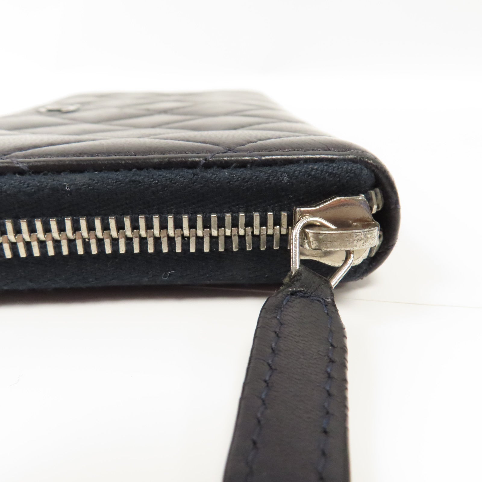 CHANEL 菱格羊皮皮革Zipper Long Wallet銀扣拉鍊長錢包黑色
