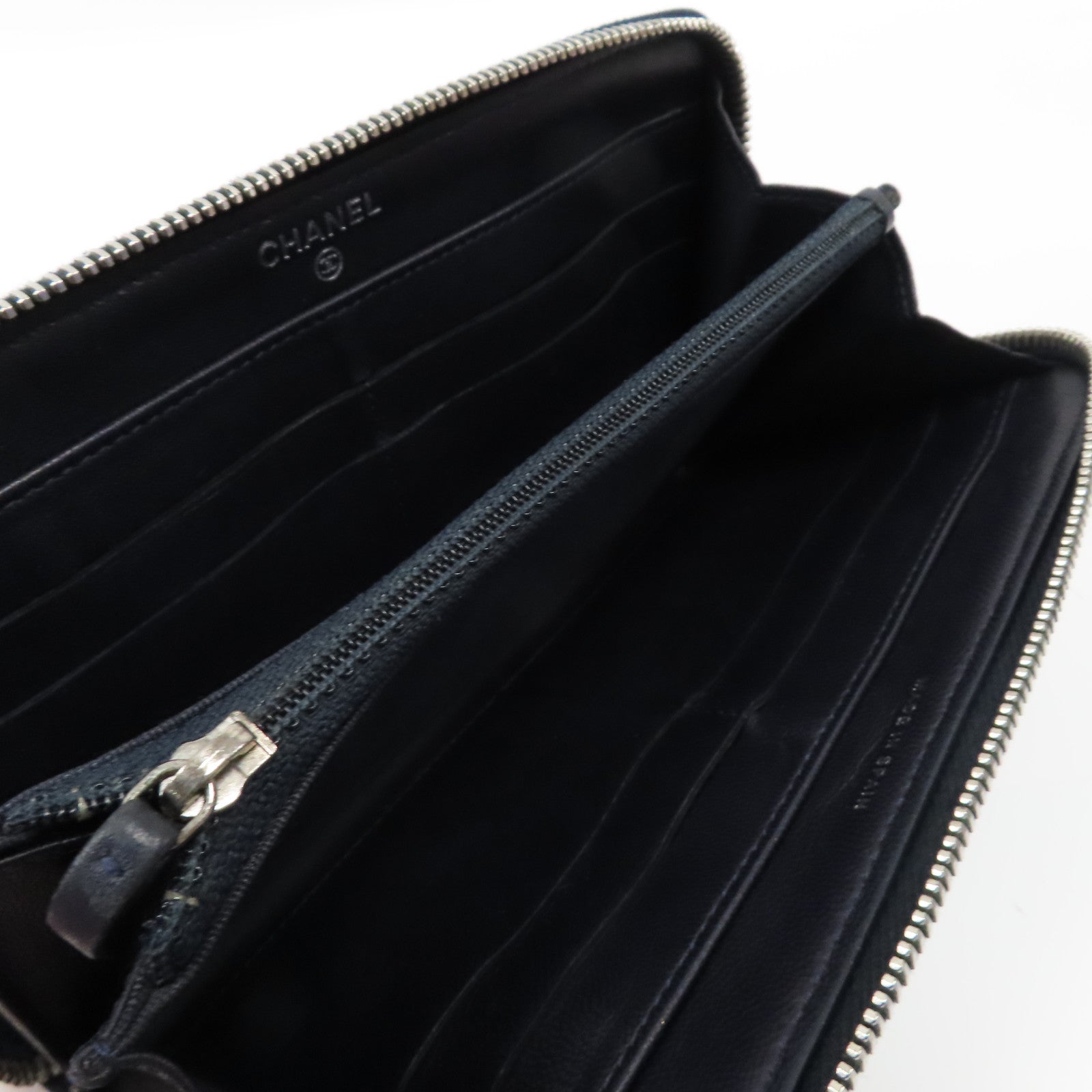 CHANEL 菱格羊皮皮革Zipper Long Wallet銀扣拉鍊長錢包黑色