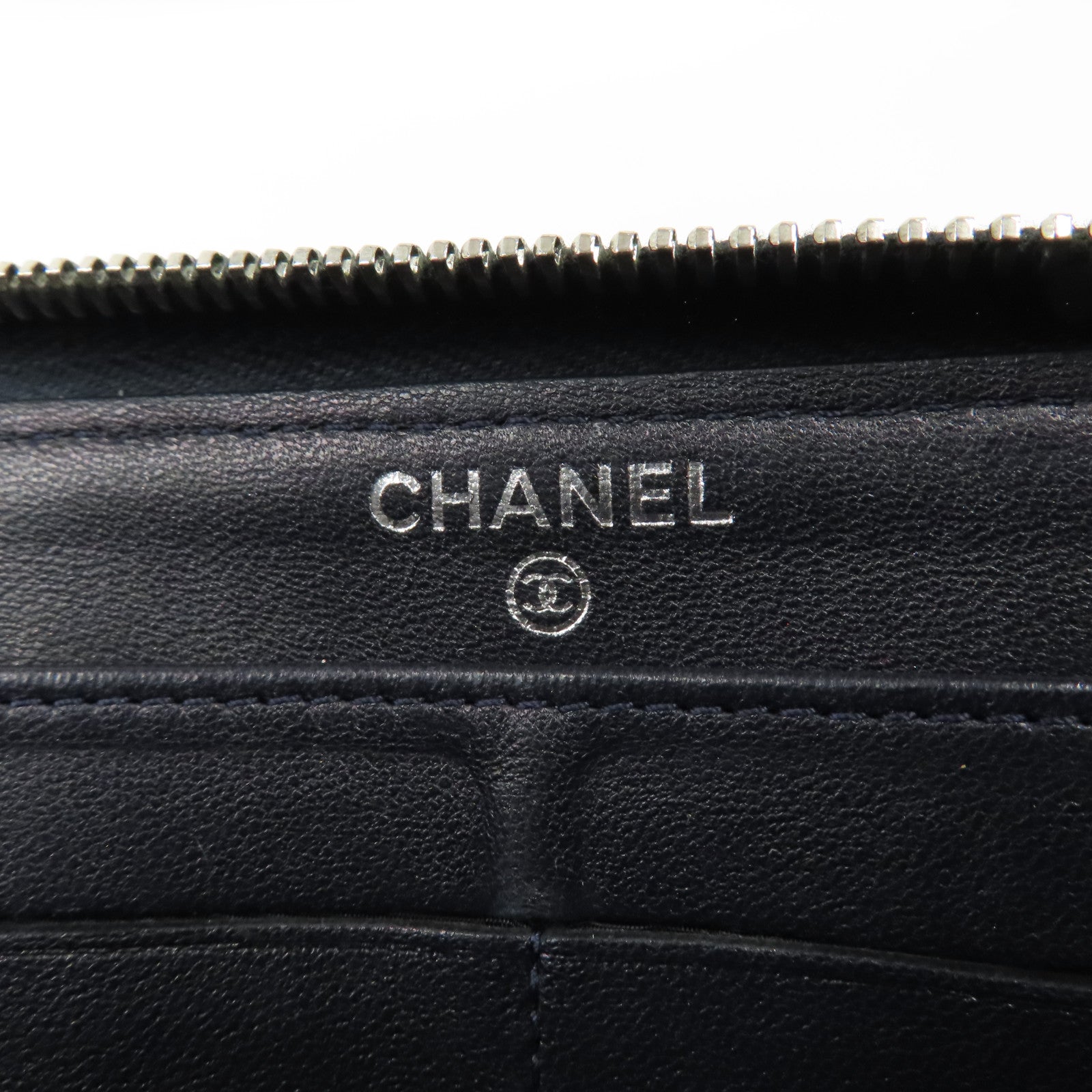 CHANEL 菱格羊皮皮革Zipper Long Wallet銀扣拉鍊長錢包黑色