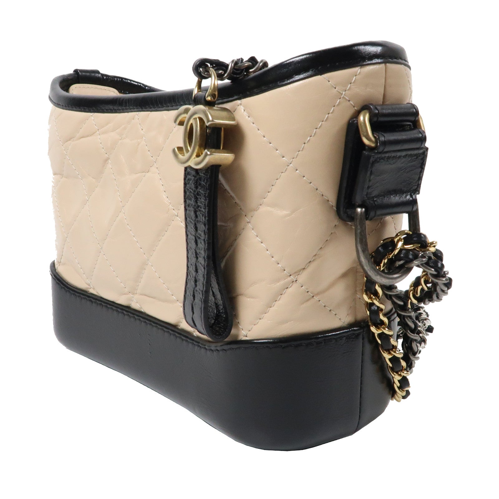 CHANEL 【激減優惠】菱格Aged Calf皮革Small Gabrielle金扣鏈帶肩背袋米色/黑色