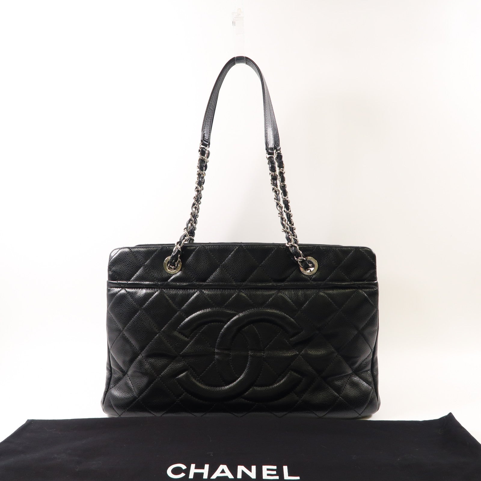 CHANEL 牛皮皮革Chain Shoulder Bag銀扣鏈帶肩背袋黑色