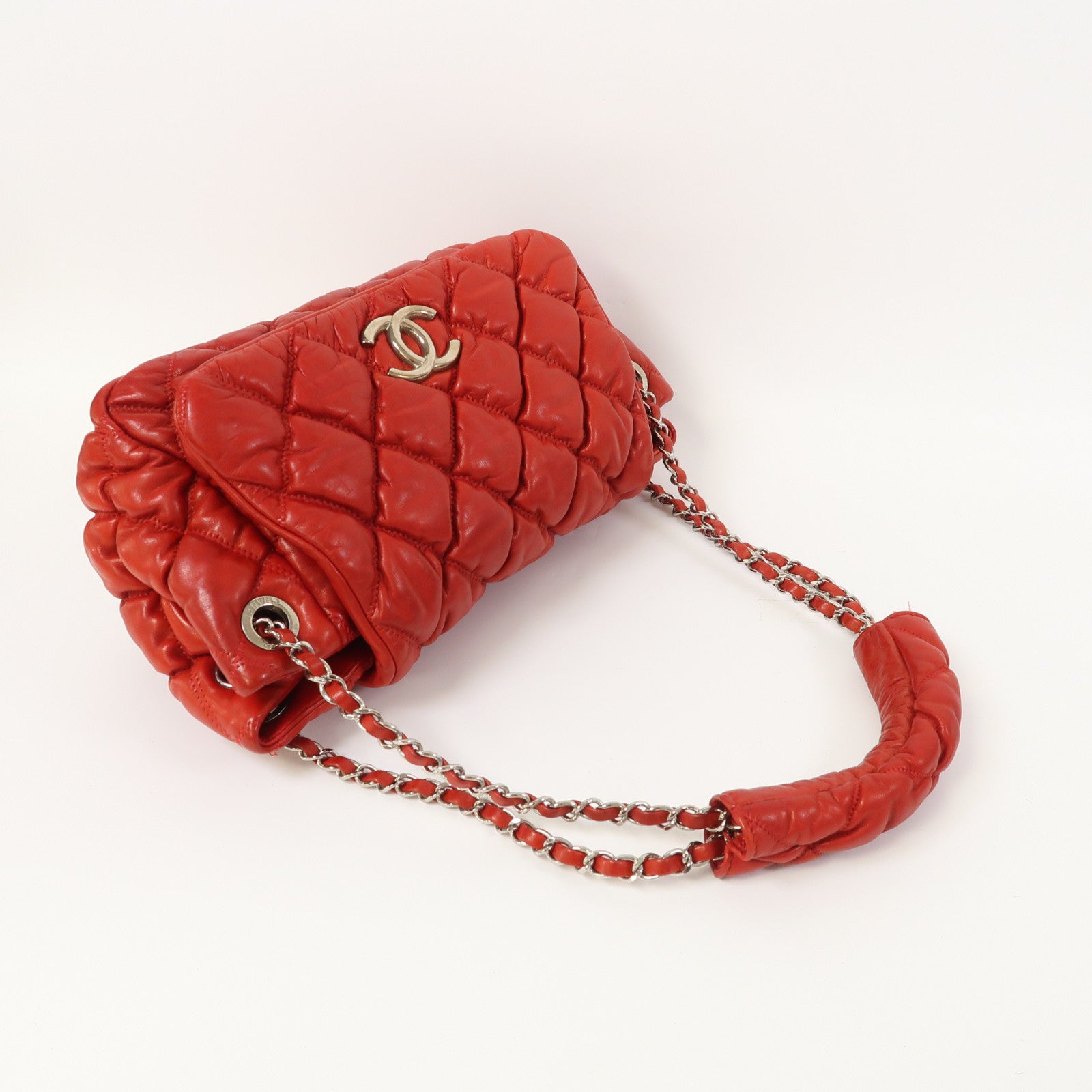 CHANEL 菱格牛皮皮革Shoulder Bag銀扣鏈帶肩背袋紅色
