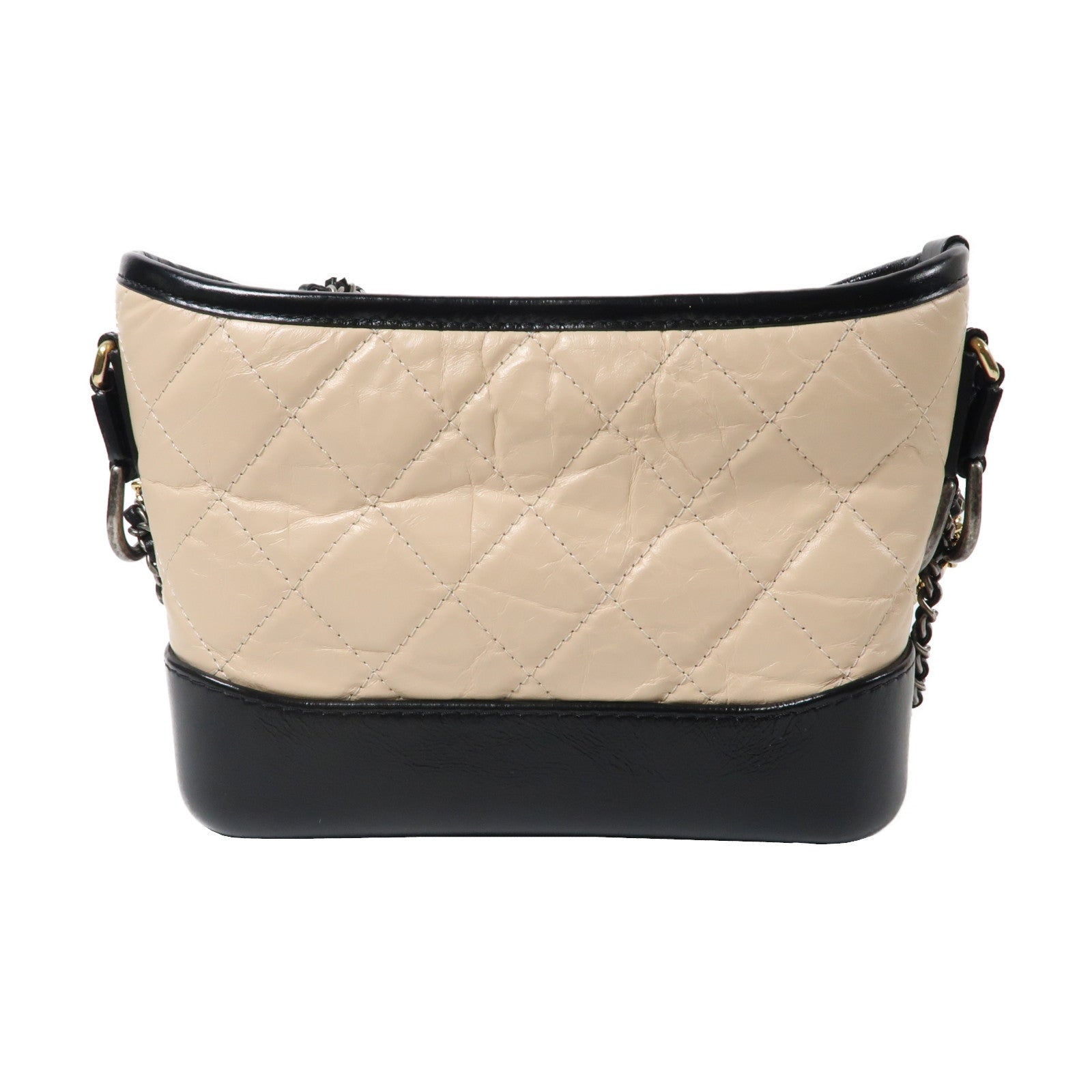CHANEL 【激減優惠】菱格Aged Calf皮革Small Gabrielle金扣鏈帶肩背袋米色/黑色