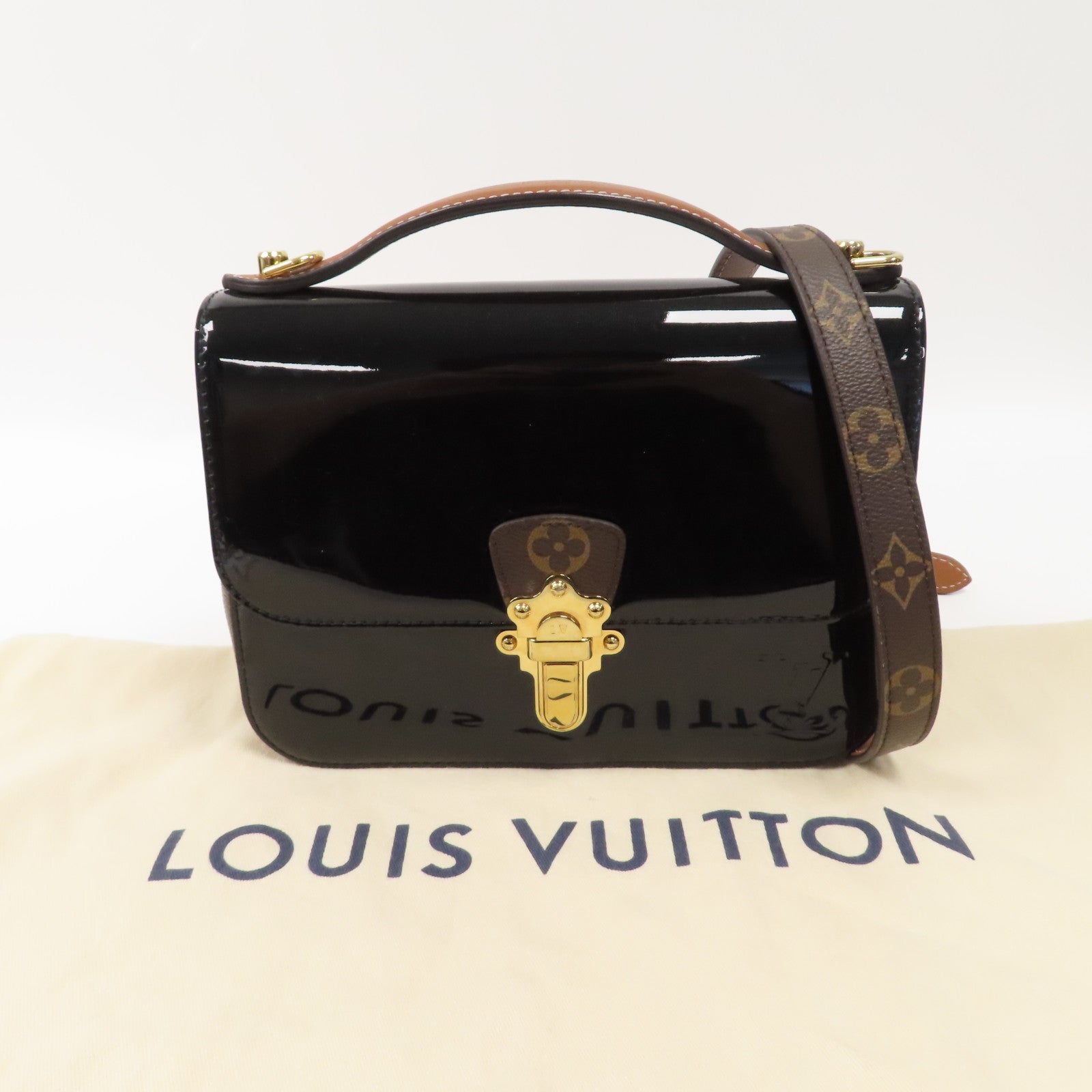 LOUIS VUITTON Monogram Vernis Cherrywood BB金扣手挽肩背兩用袋黑色/啡色