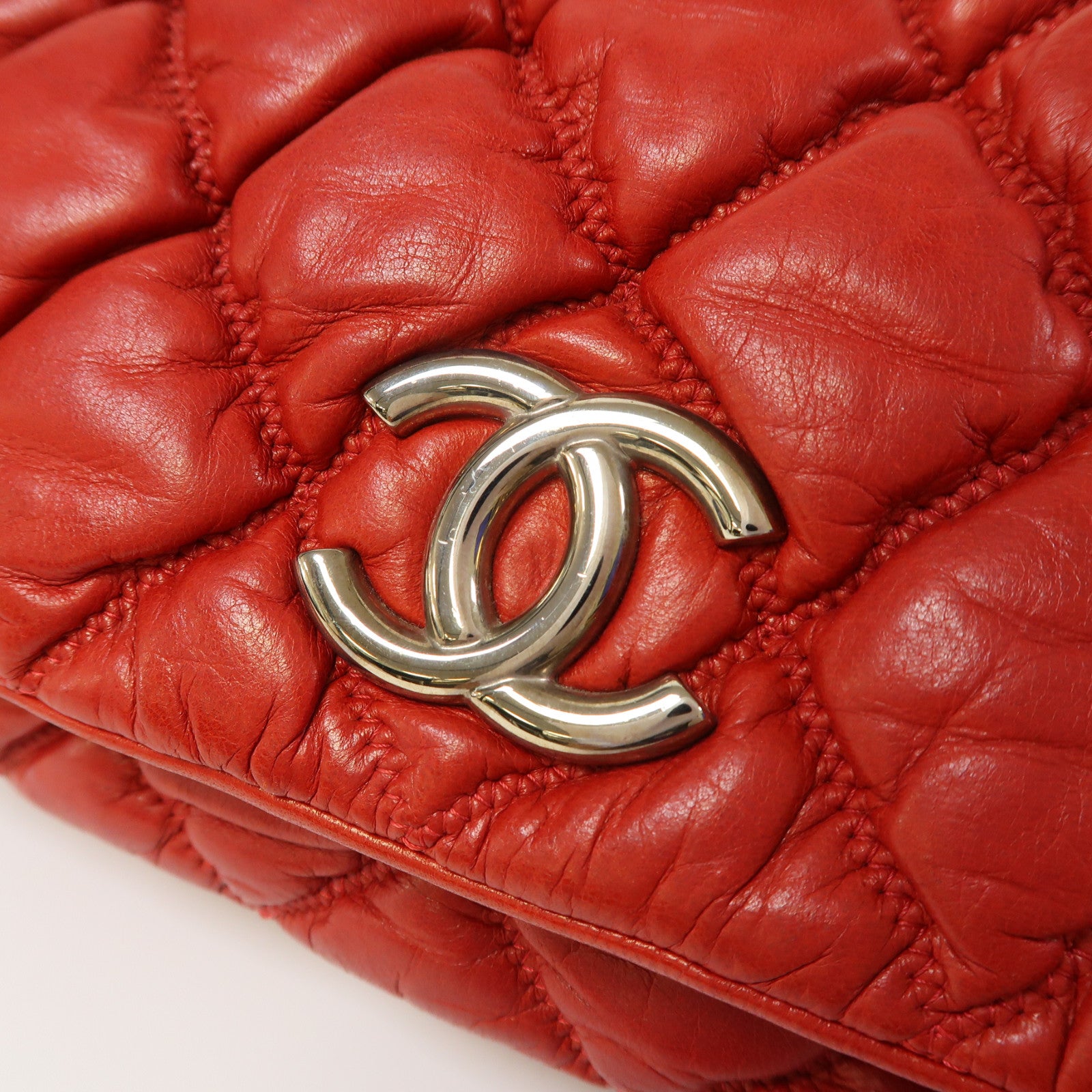 CHANEL 菱格牛皮皮革Shoulder Bag銀扣鏈帶肩背袋紅色