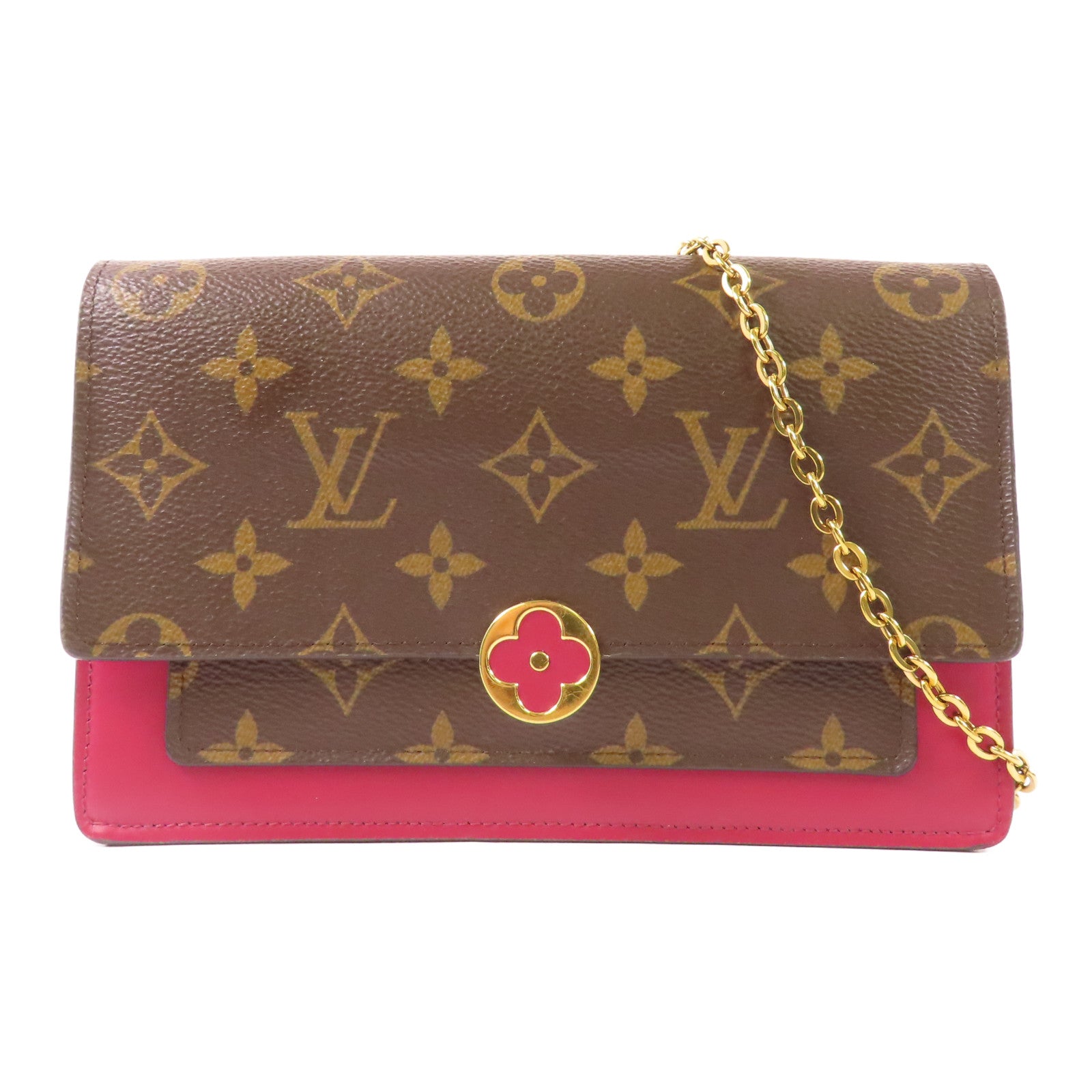 LOUIS VUITTON Monogram Portefeuille Flore金扣鏈帶肩背袋棕色/紅色