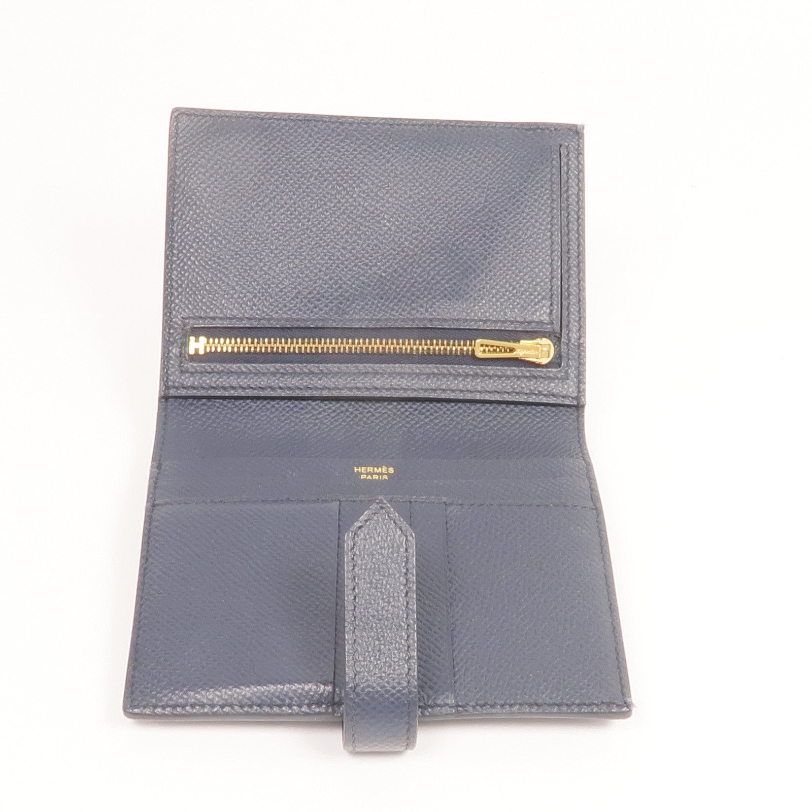 HERMES Epsom皮革Bearn Compact Wallet金扣錢包Bleu Nuit