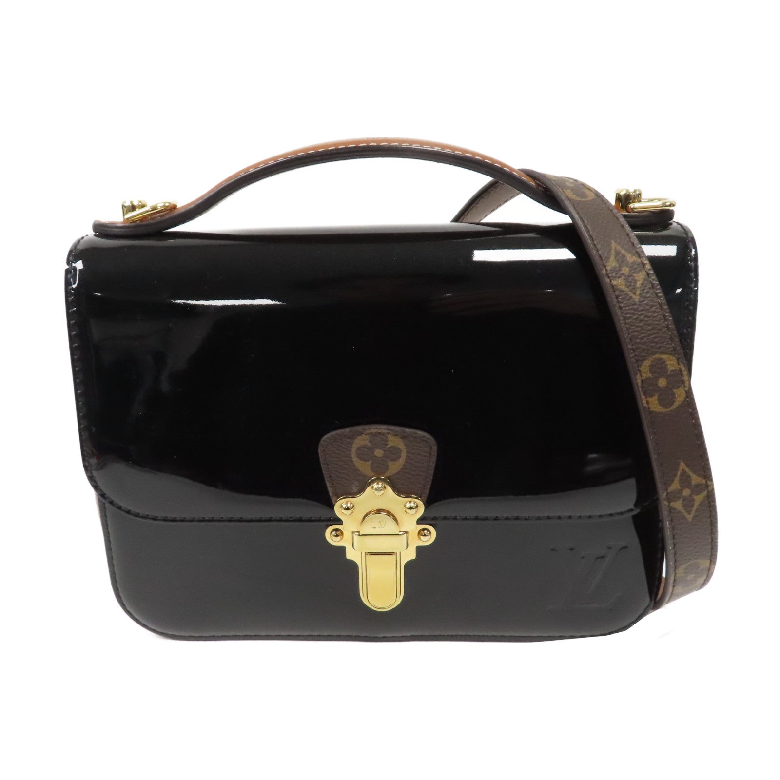 LOUIS VUITTON Monogram Vernis Cherrywood BB金扣手挽肩背兩用袋黑色/啡色