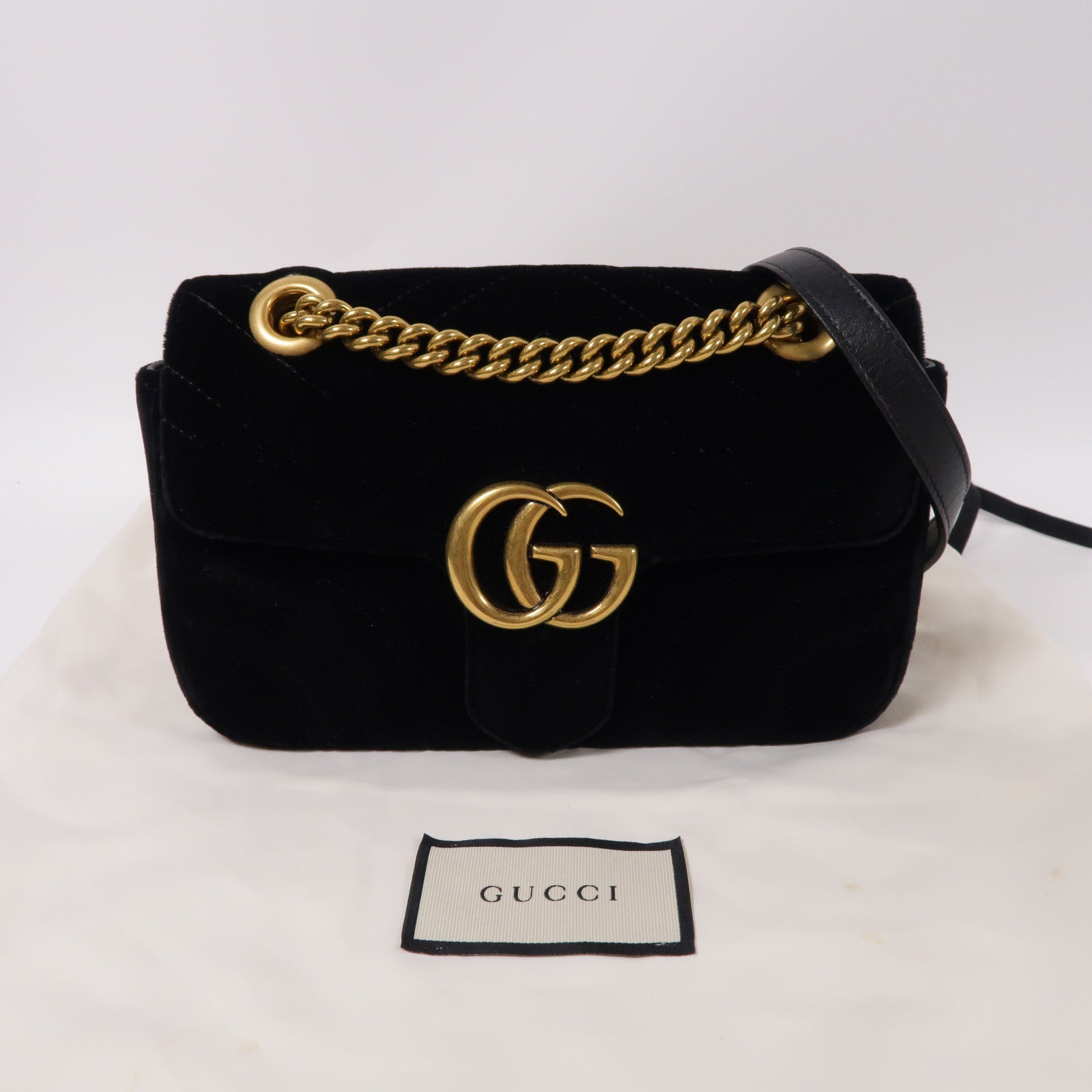 GUCCI 天鵝絨Mini GG Marmont金扣鏈帶肩背袋黑色
