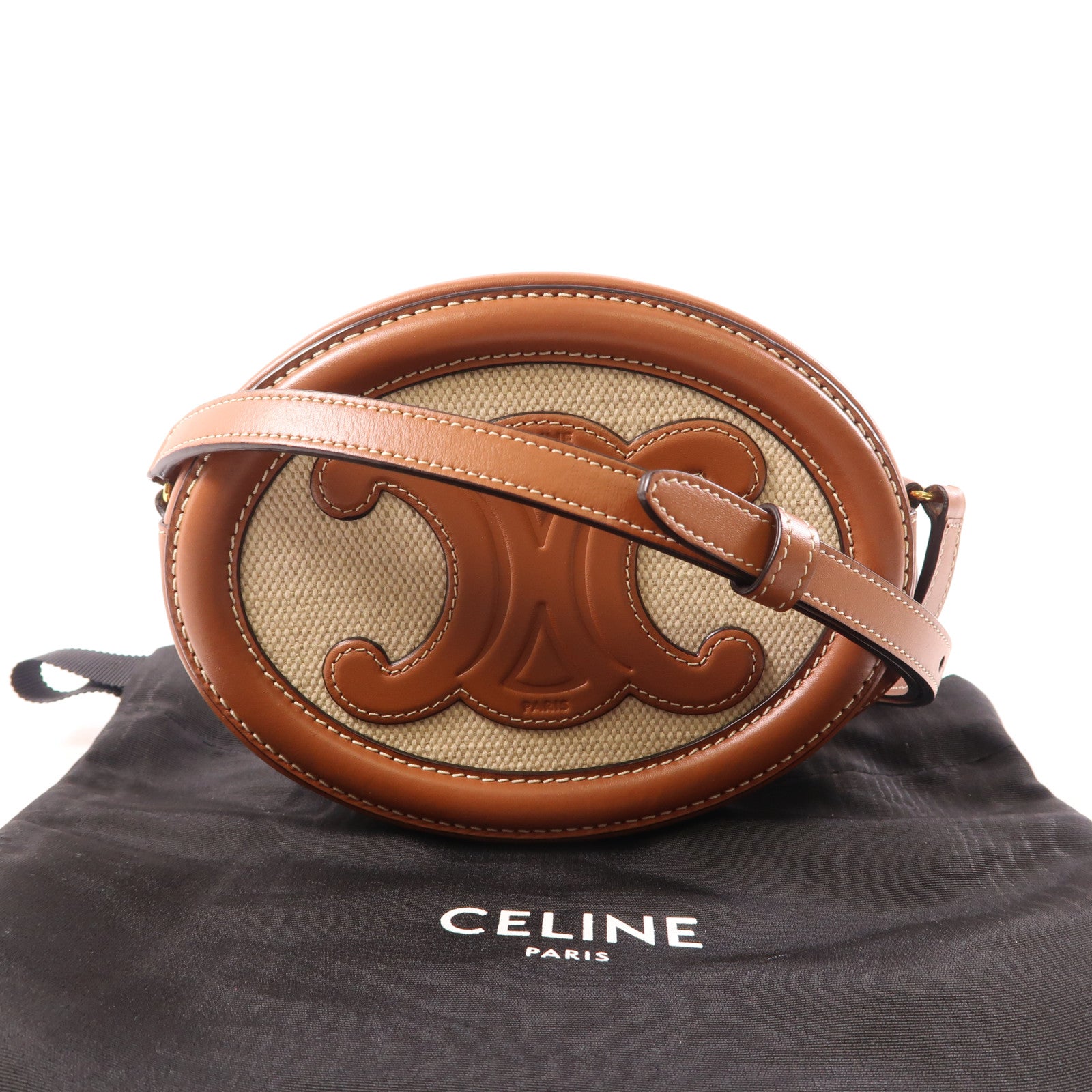 CELINE 牛皮皮革Oval Bag金扣肩背袋棕色