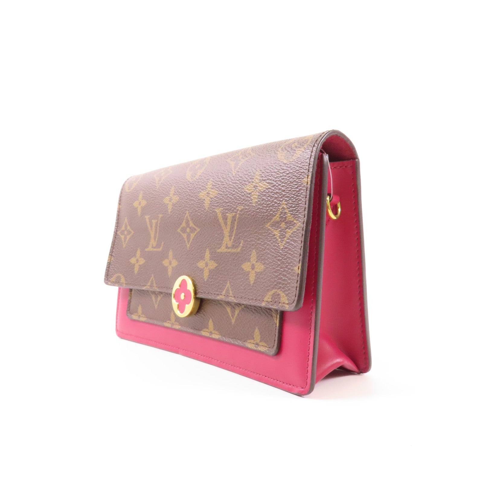 LOUIS VUITTON Monogram Portefeuille Flore金扣鏈帶肩背袋棕色/紅色
