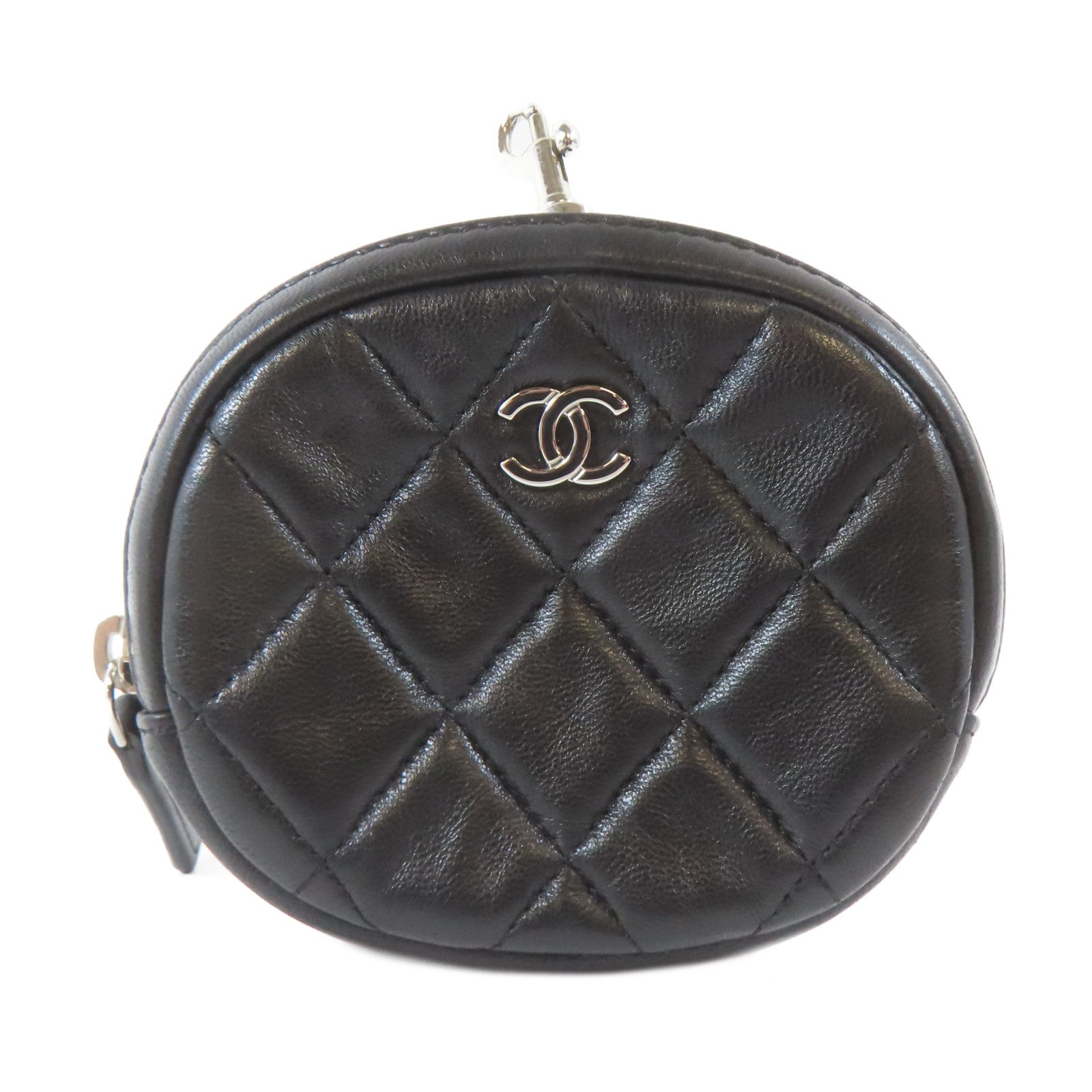 CHANEL 菱格羊皮皮革Coin Bag銀扣零錢包黑色