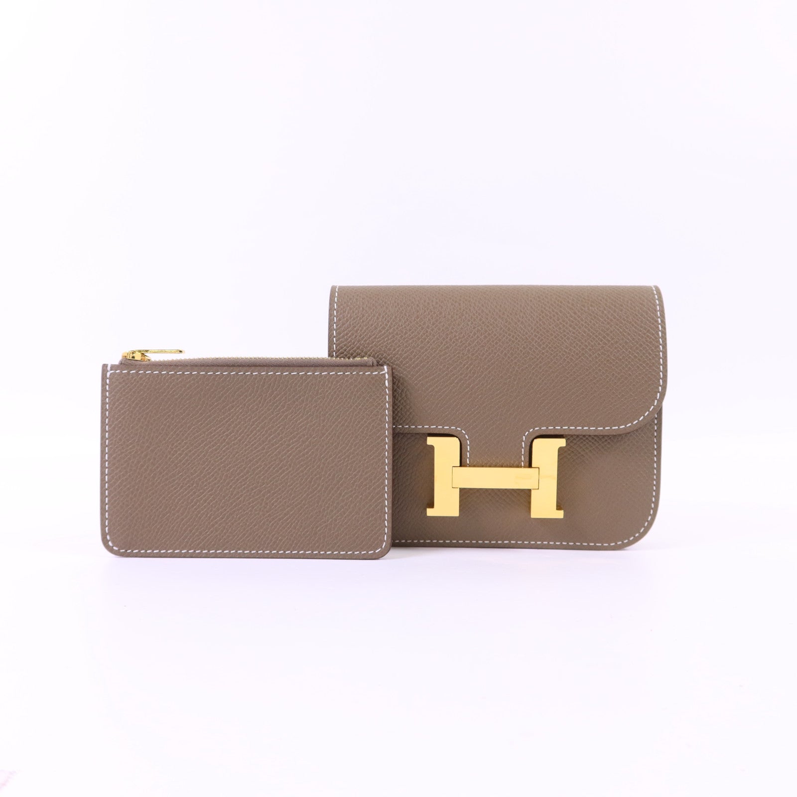HERMES Epsom皮革Constance Slim金扣錢包Etoupe
