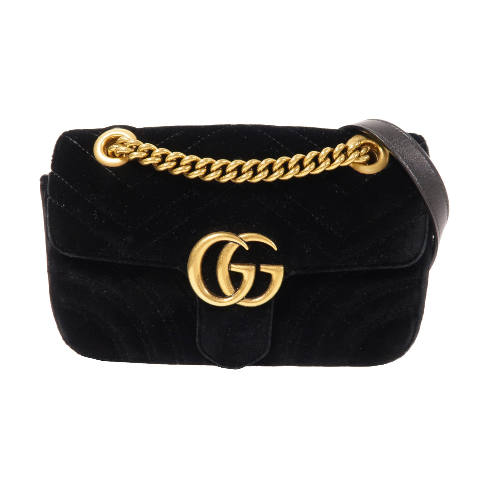 GUCCI 天鵝絨Mini GG Marmont金扣鏈帶肩背袋黑色