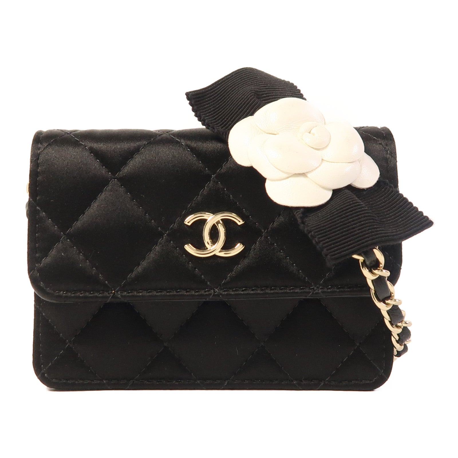 CHANEL Satin Chain Shoulder金扣鏈帶肩背袋