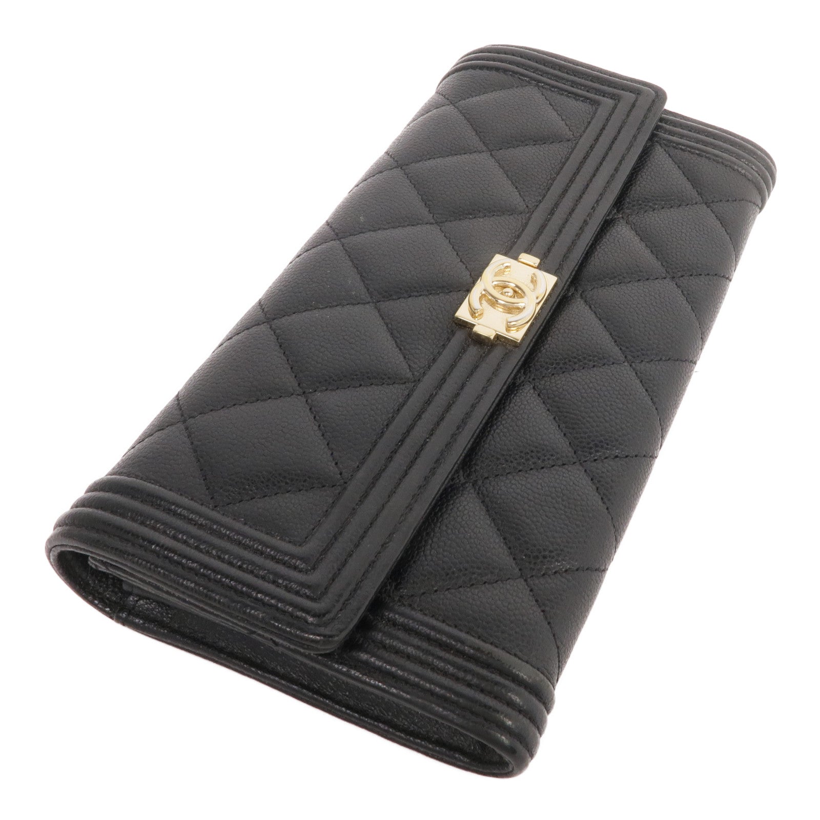 CHANEL 牛皮皮革Boy Long Wallet金扣長錢包