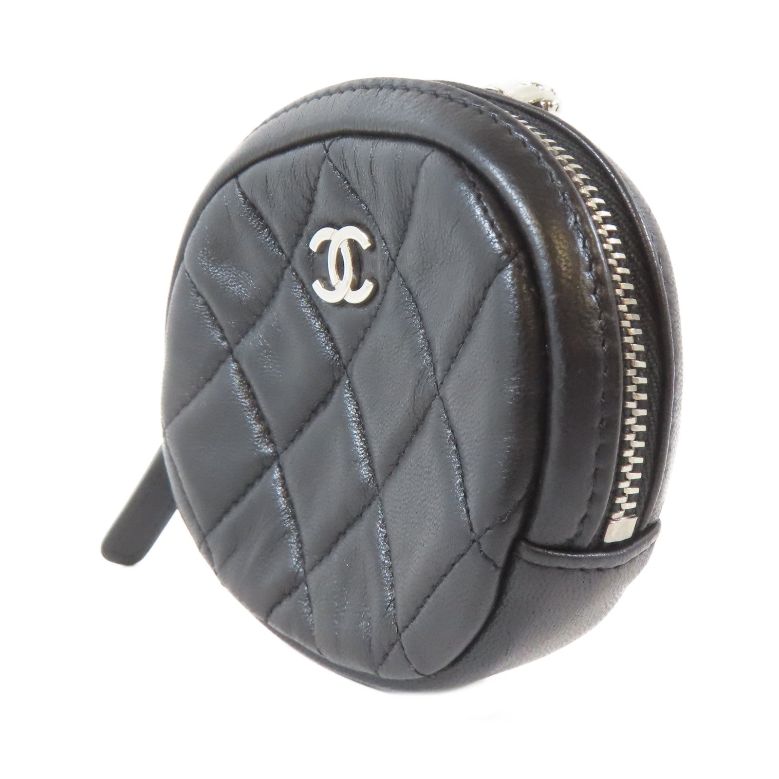 CHANEL 菱格羊皮皮革Coin Bag銀扣零錢包黑色