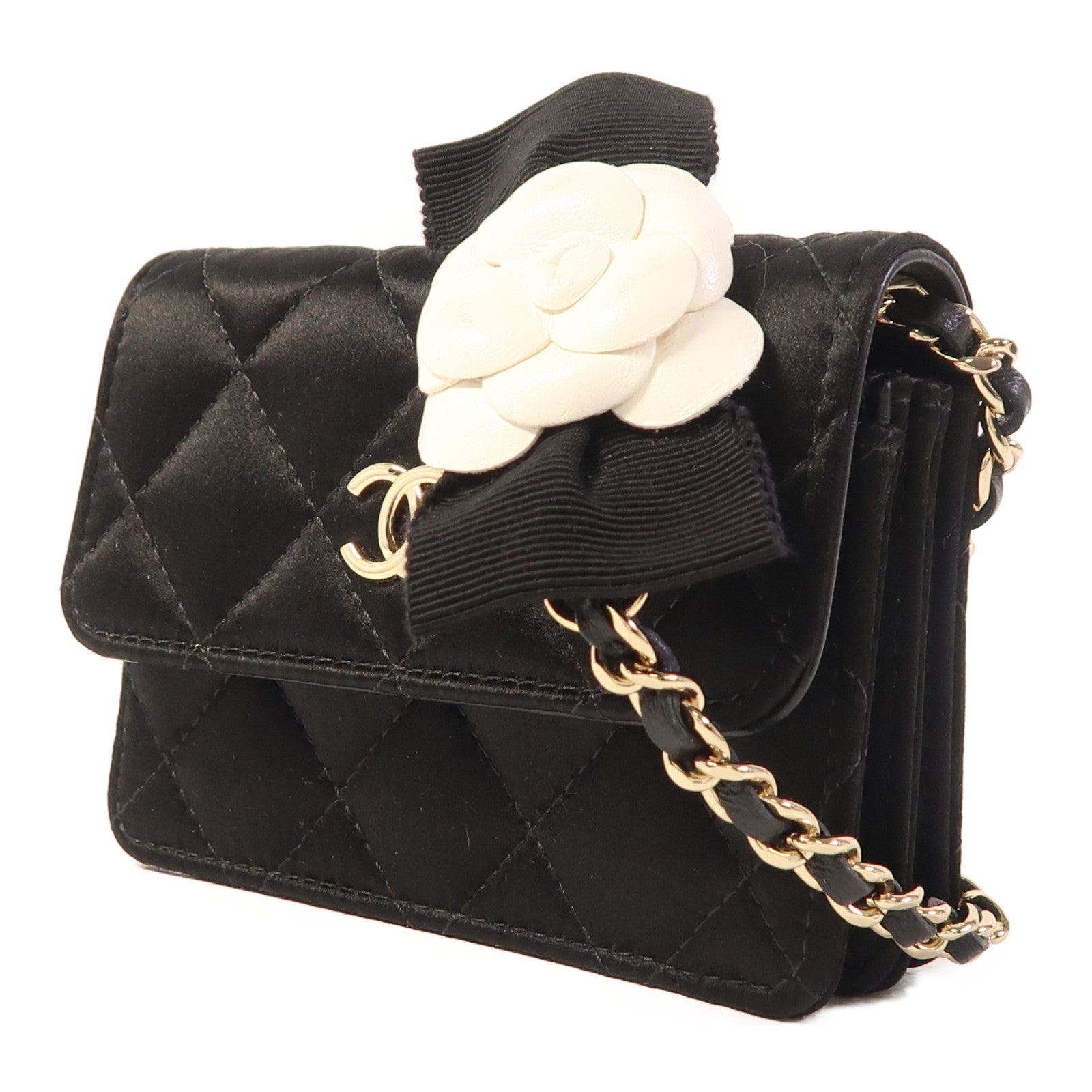 CHANEL Satin Chain Shoulder金扣鏈帶肩背袋