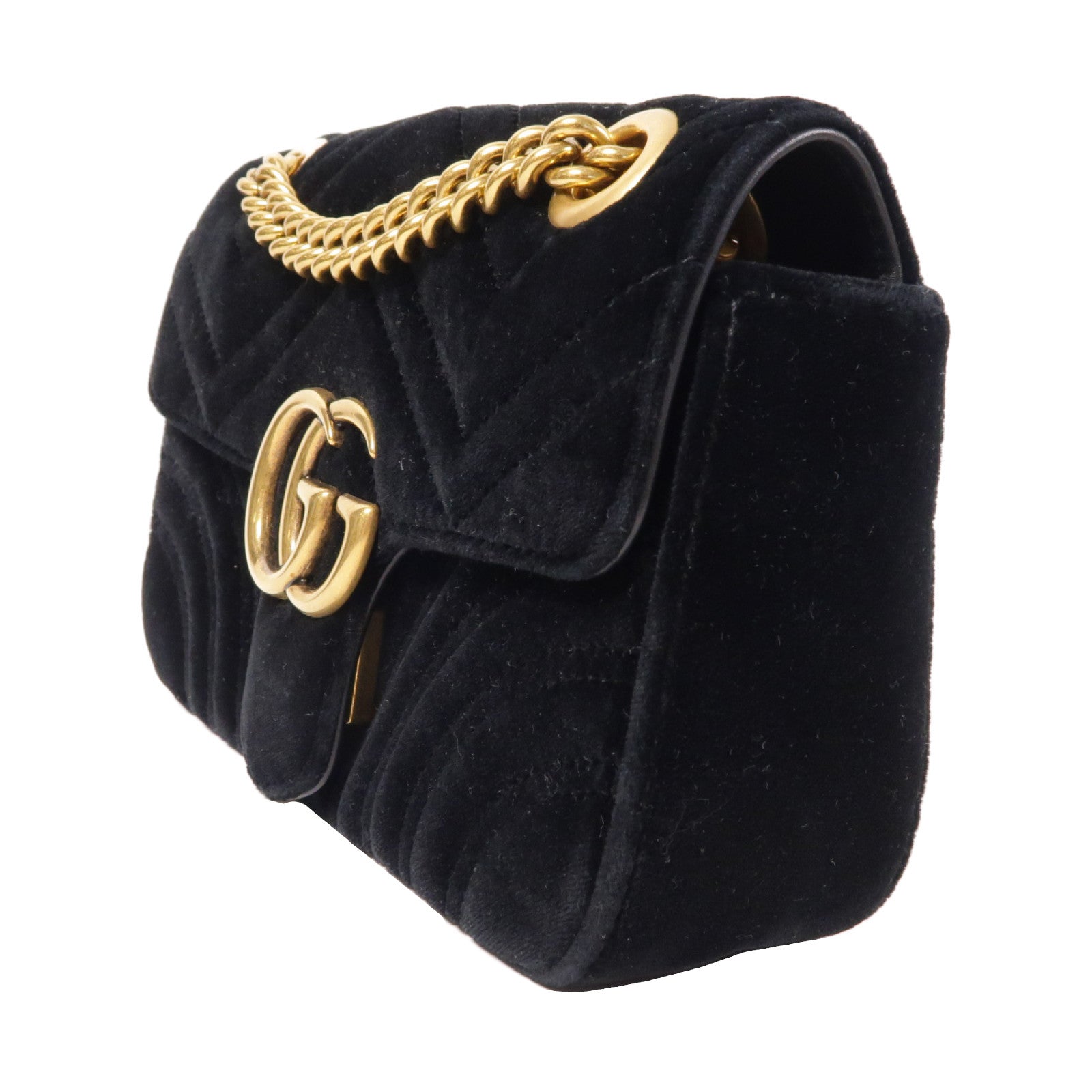 GUCCI 天鵝絨Mini GG Marmont金扣鏈帶肩背袋黑色