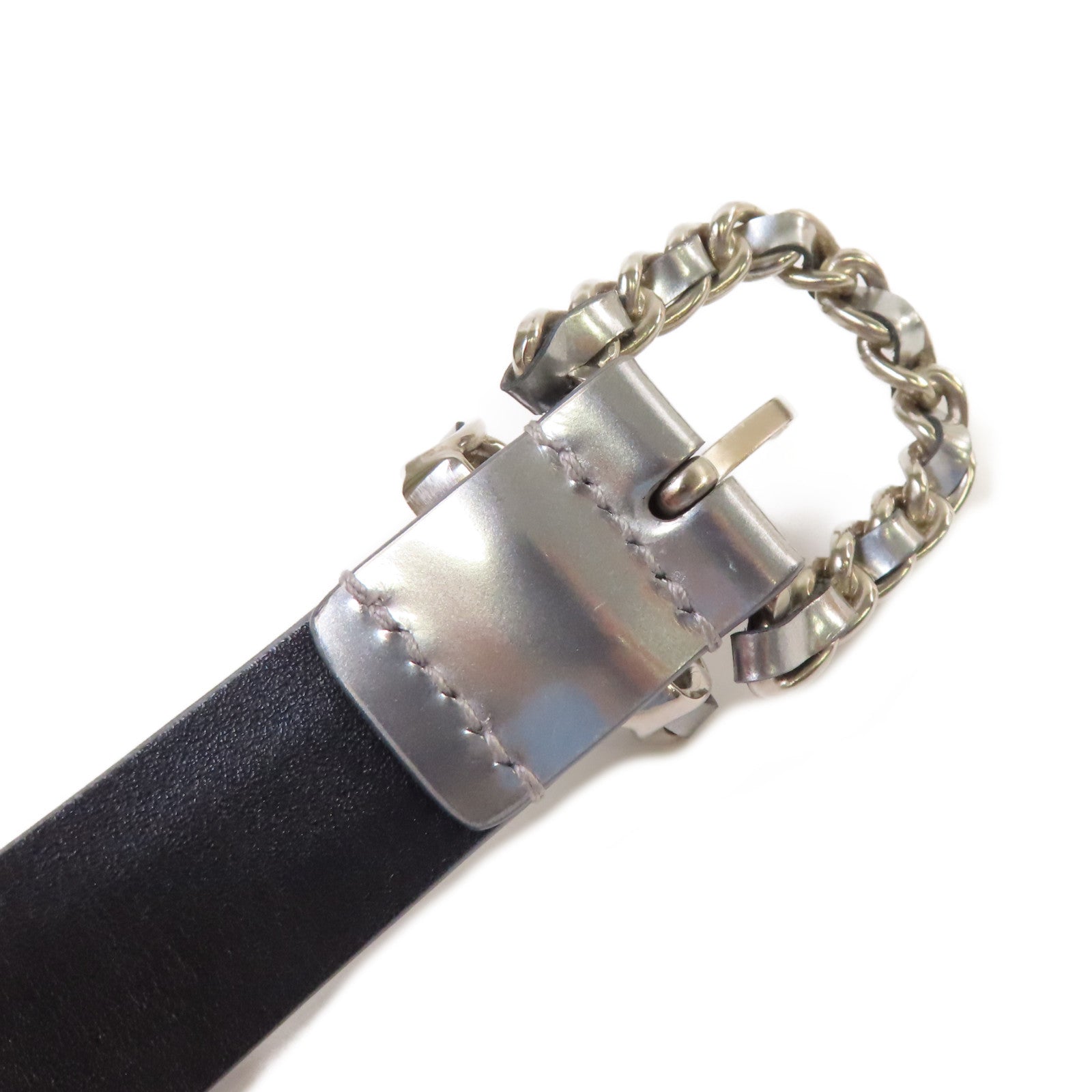 CHANEL 牛皮皮革Belt銀扣皮帶銀色/黑色