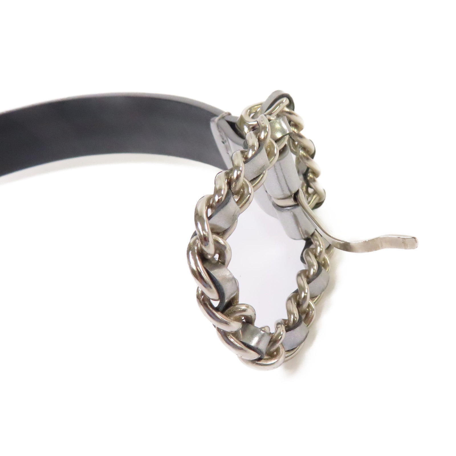 CHANEL 牛皮皮革Belt銀扣皮帶銀色/黑色