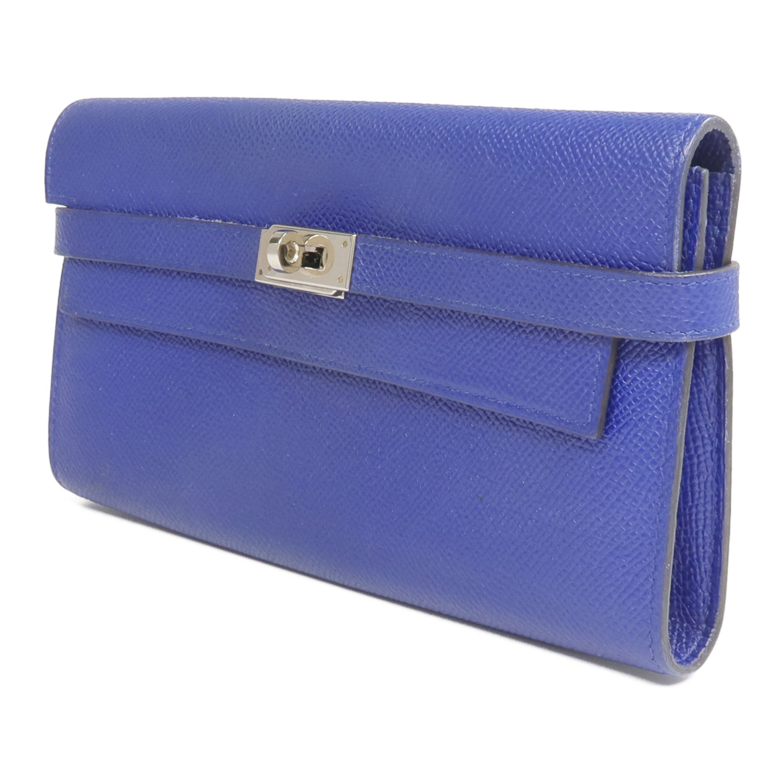 HERMES Epsom皮革Kelly Long Wallet銀扣長錢包Bleu Electrique