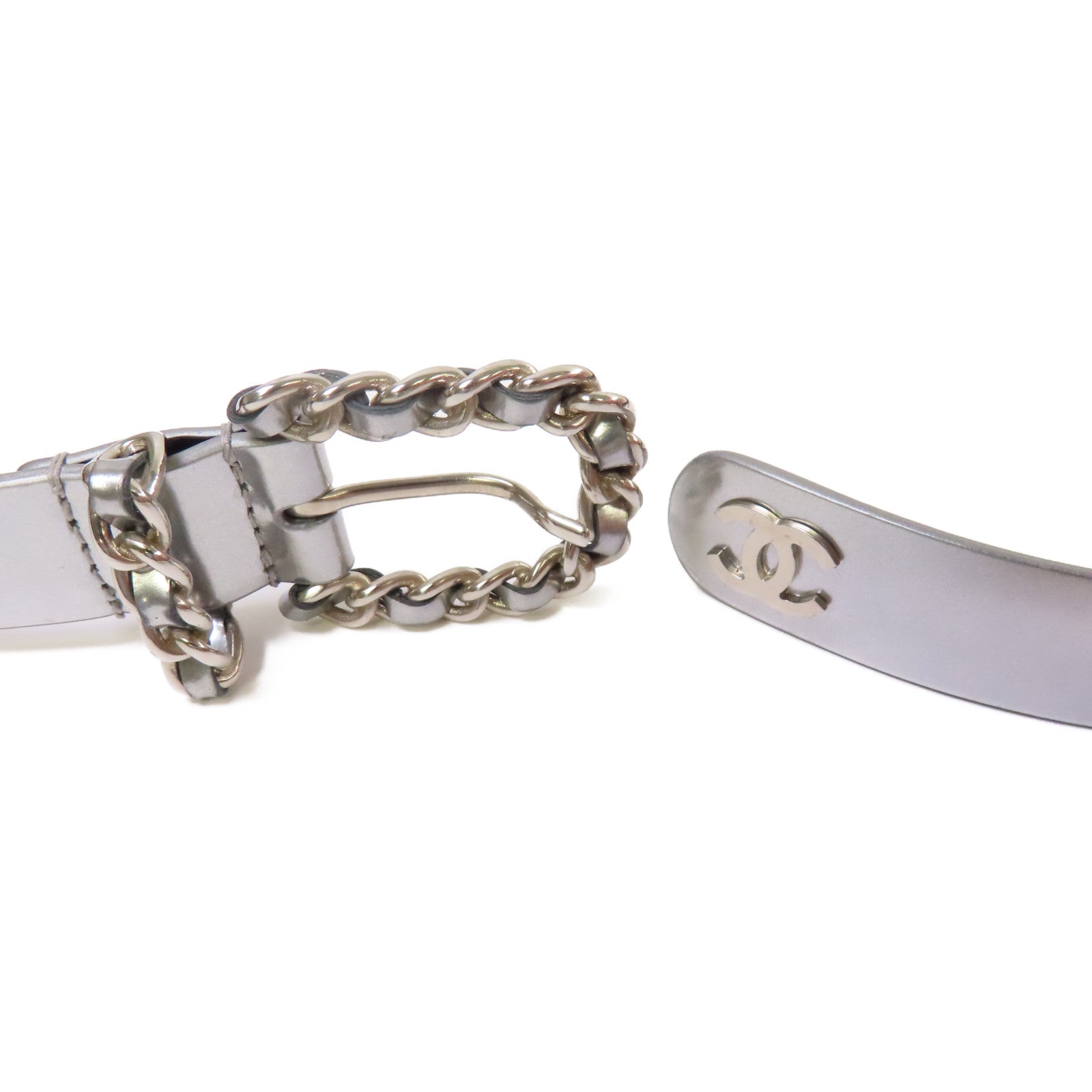 CHANEL 牛皮皮革Belt銀扣皮帶銀色/黑色