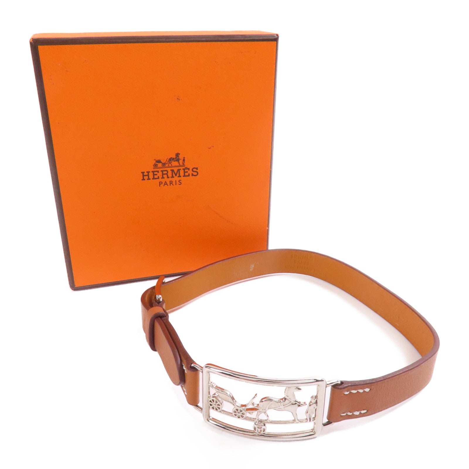 HERMES Swift皮革Bracelet銀扣手鐲Gold