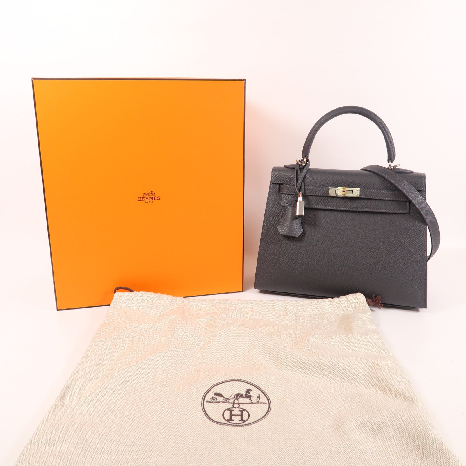 HERMES 【激減優惠】Epsom皮革Kelly 25銀扣手挽肩背兩用袋Ardoise