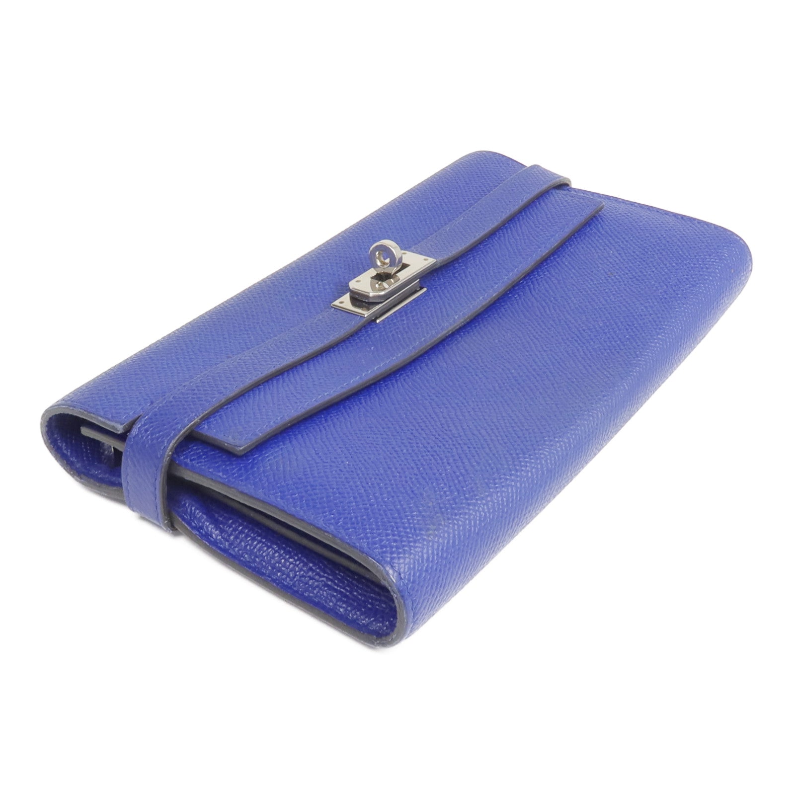 HERMES Epsom皮革Kelly Long Wallet銀扣長錢包Bleu Electrique
