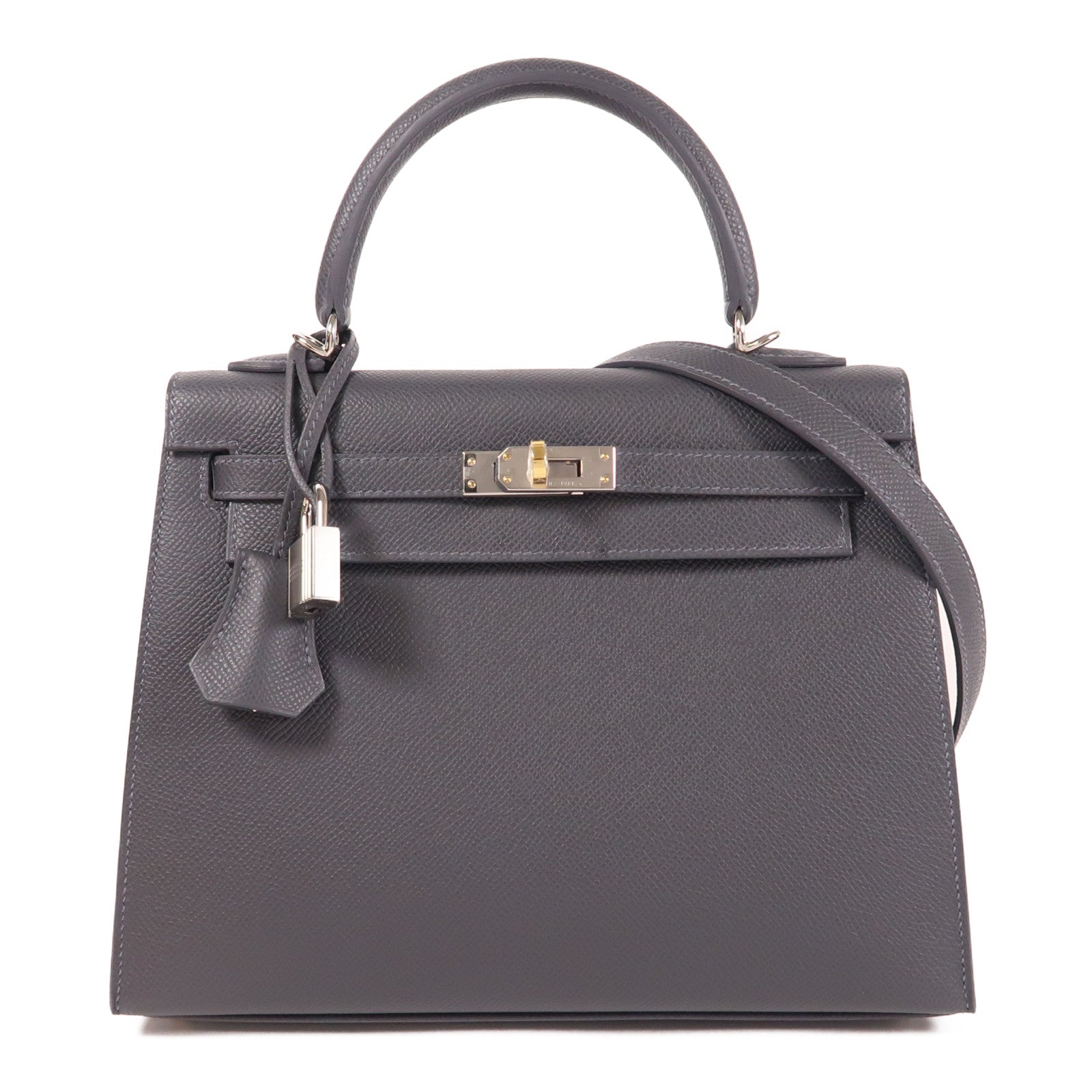 HERMES Epsom皮革Kelly 25銀扣手挽肩背兩用袋Ardoise