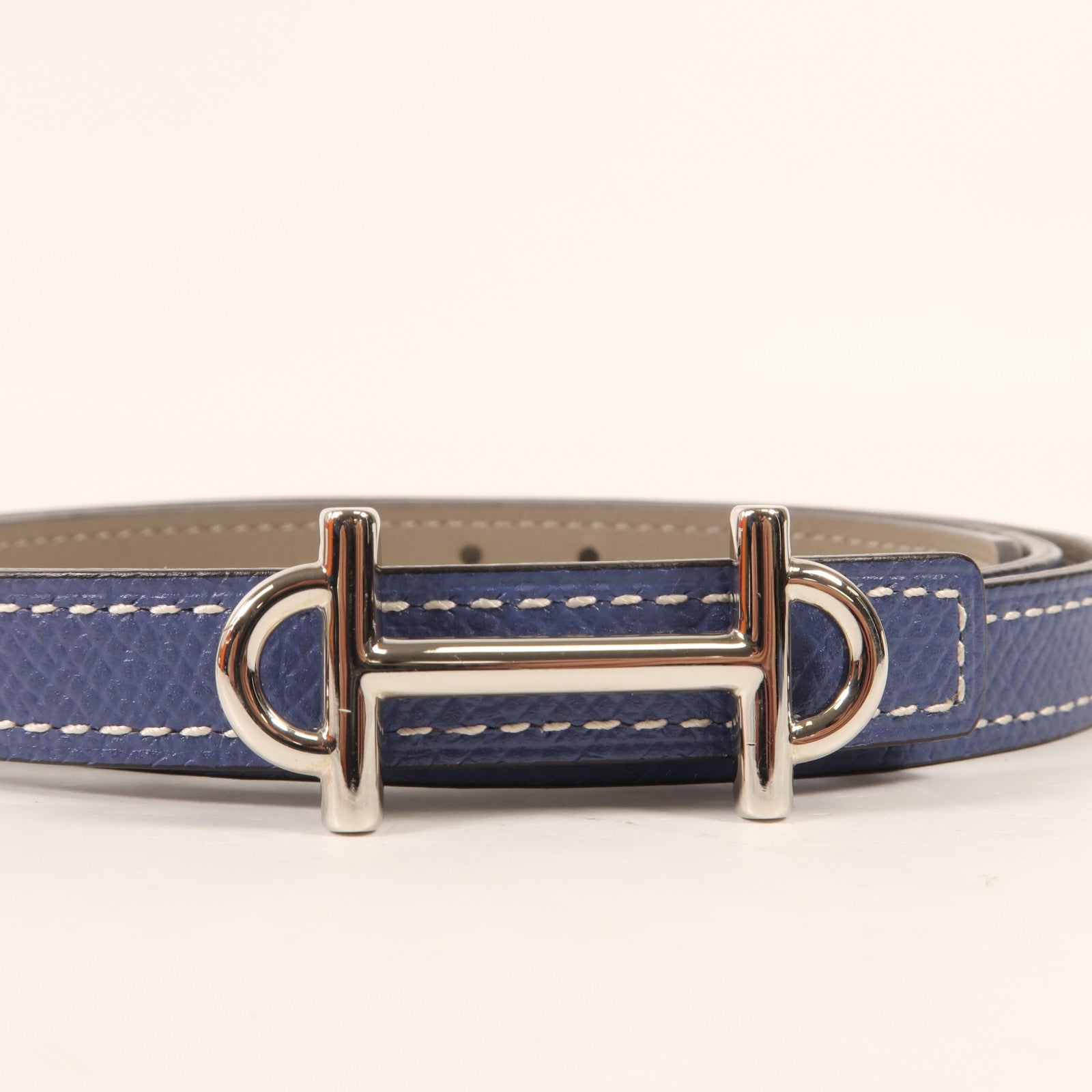 HERMES Espom/Evercolor皮革Gamma Belt 90cm銀扣皮帶Blue/Etoupe