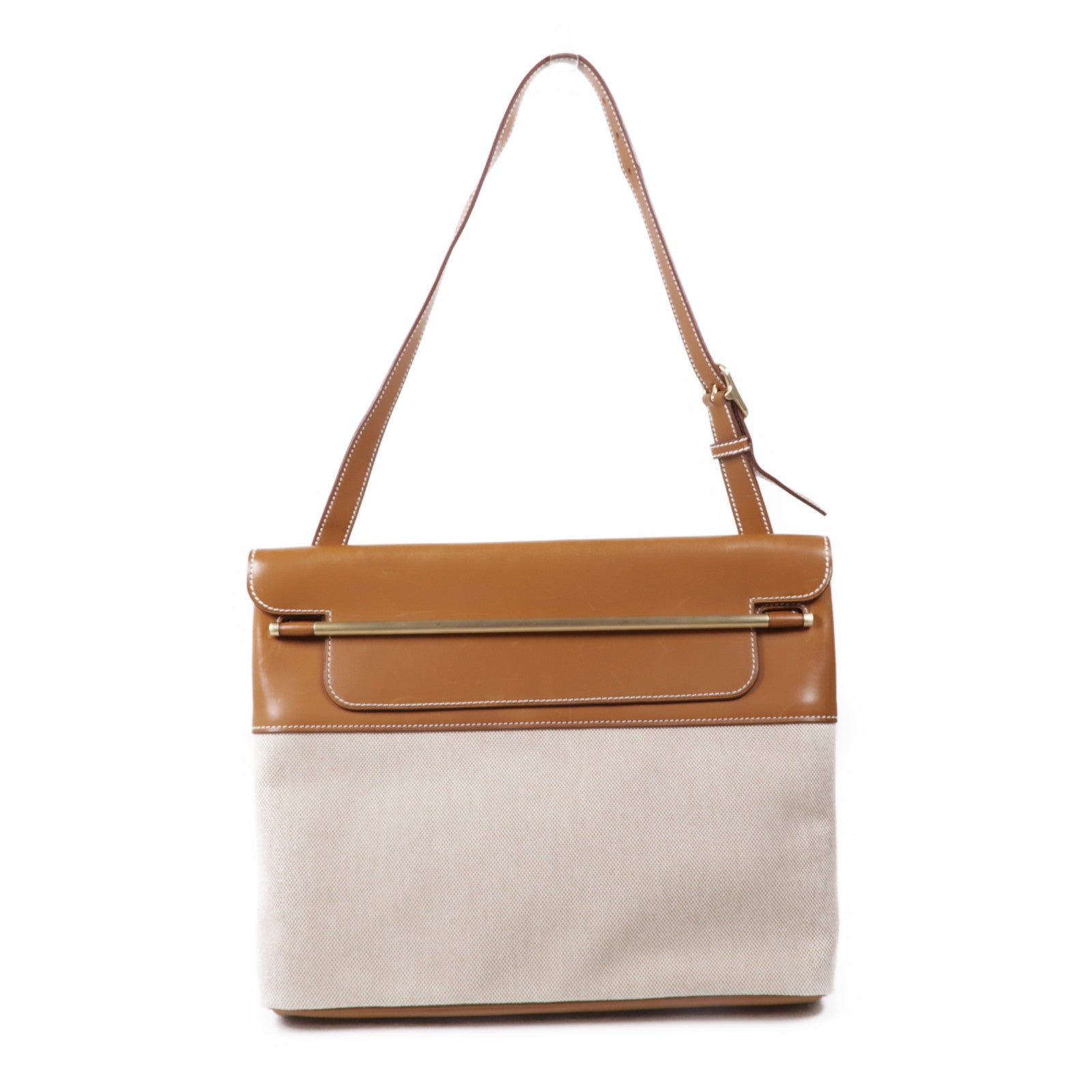 HERMES 帆布/皮革Sac Sillage金扣肩背袋Beige/Gold