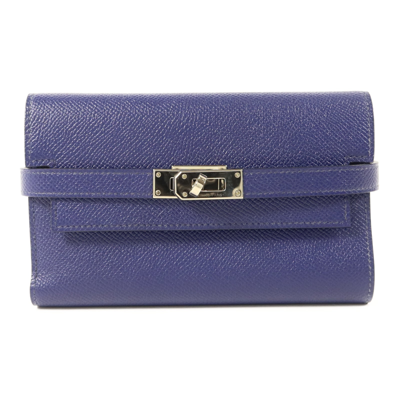 HERMES Epsom皮革Kelly Wallet銀扣錢包Bleu Encre