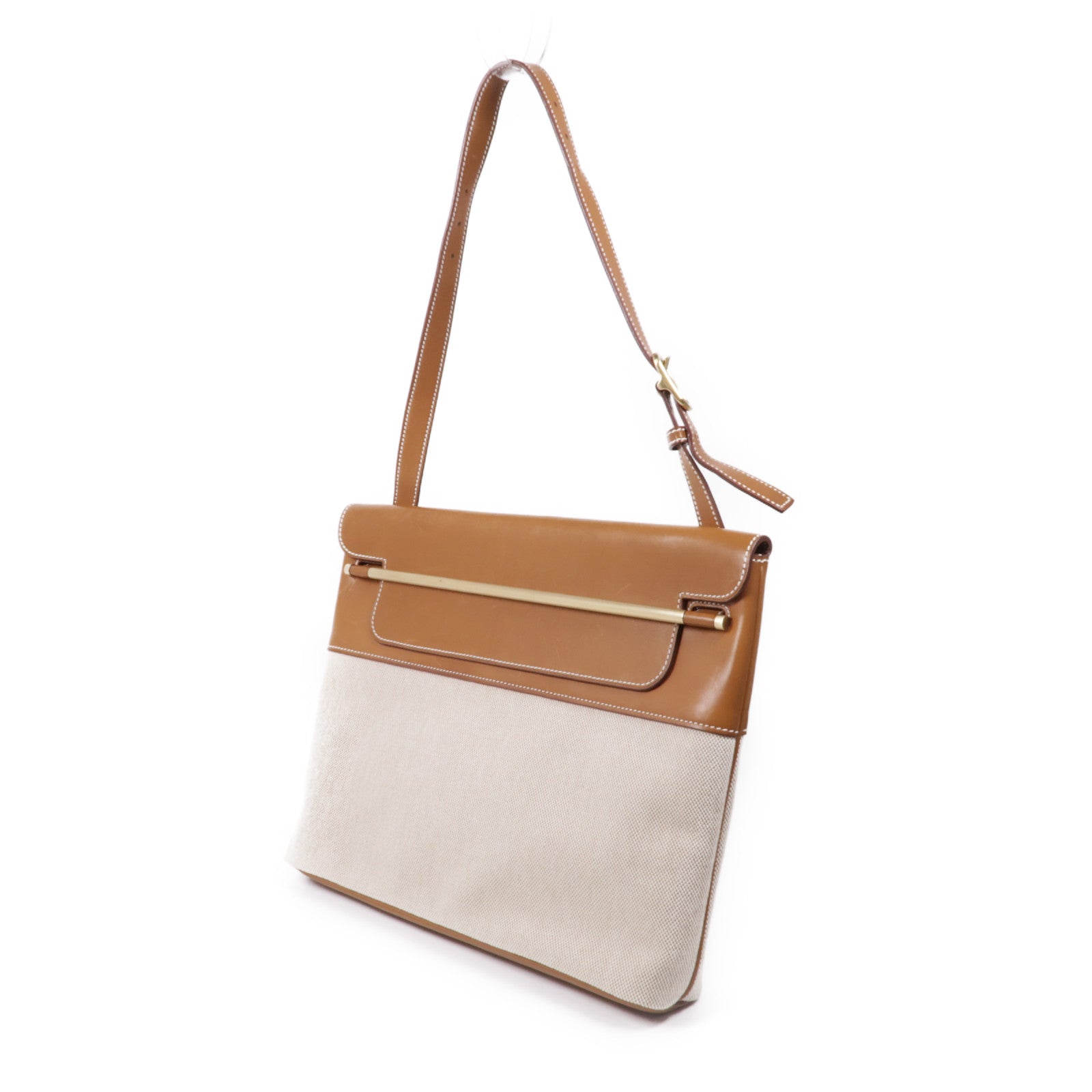 HERMES 帆布/皮革Sac Sillage金扣肩背袋Beige/Gold