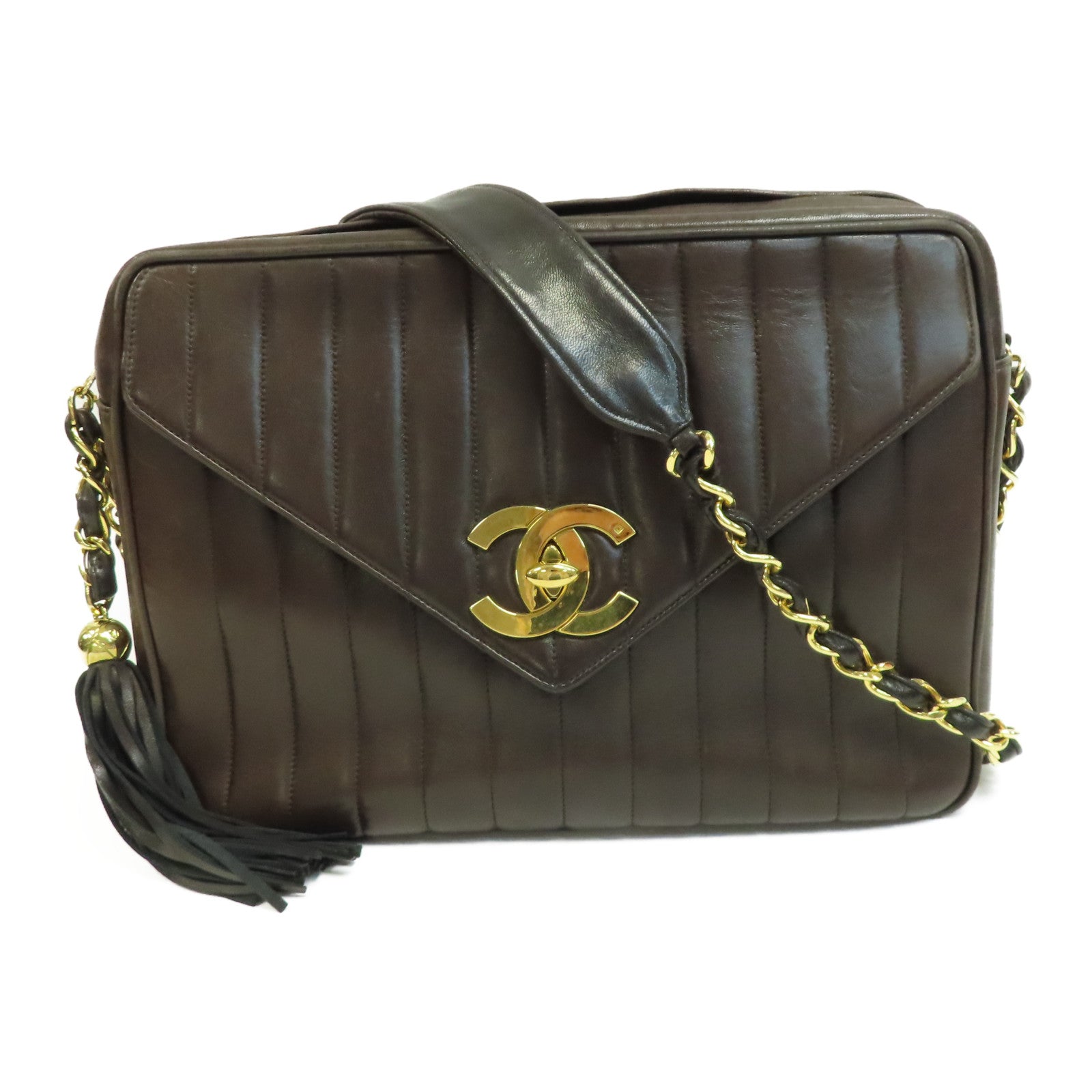CHANEL 牛皮皮革Vintage Chain Shoulder金扣鏈帶肩背袋啡色