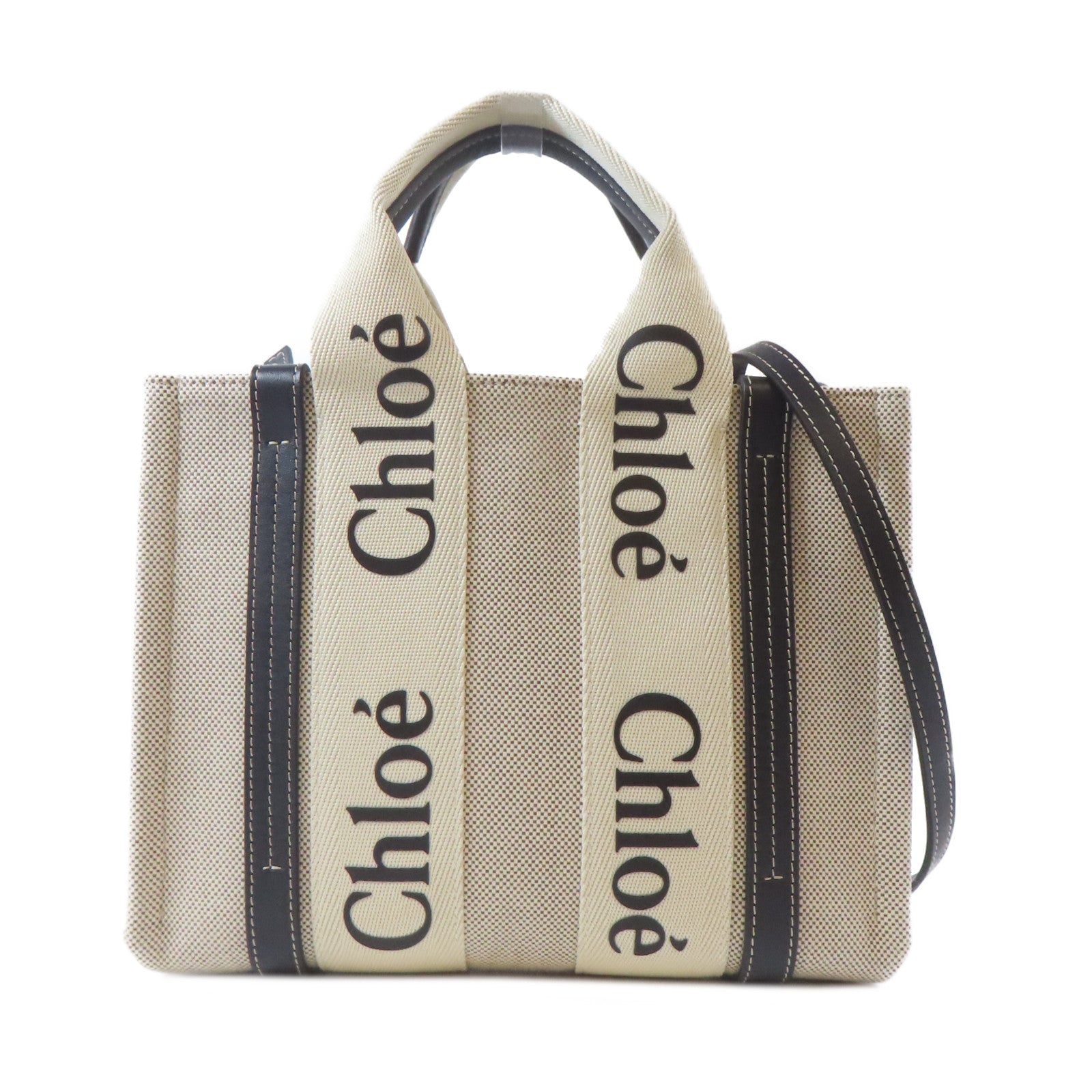 Chloe 帆布Small Woody金扣手挽肩背兩用袋米色/藍色