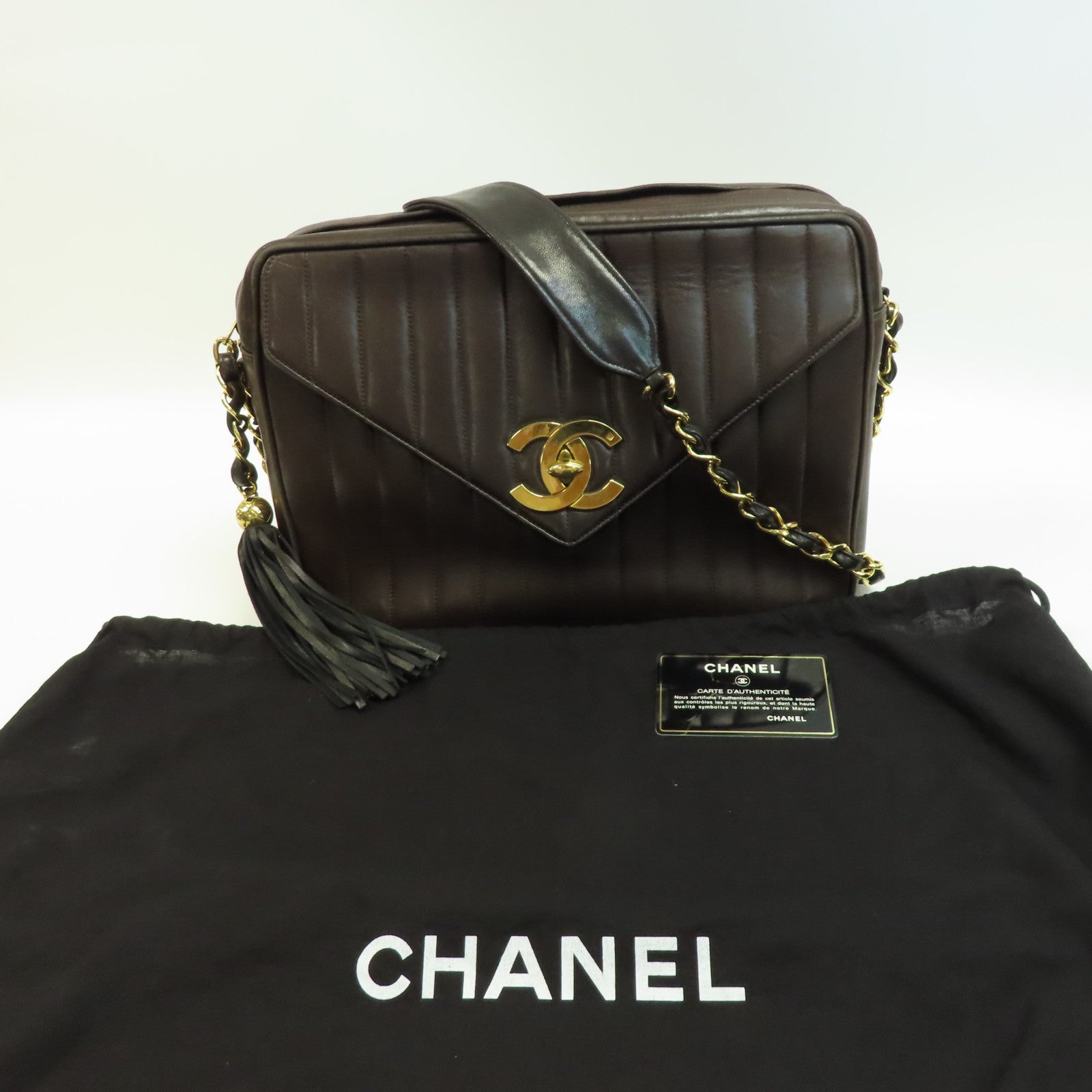 CHANEL 牛皮皮革Vintage Chain Shoulder金扣鏈帶肩背袋啡色