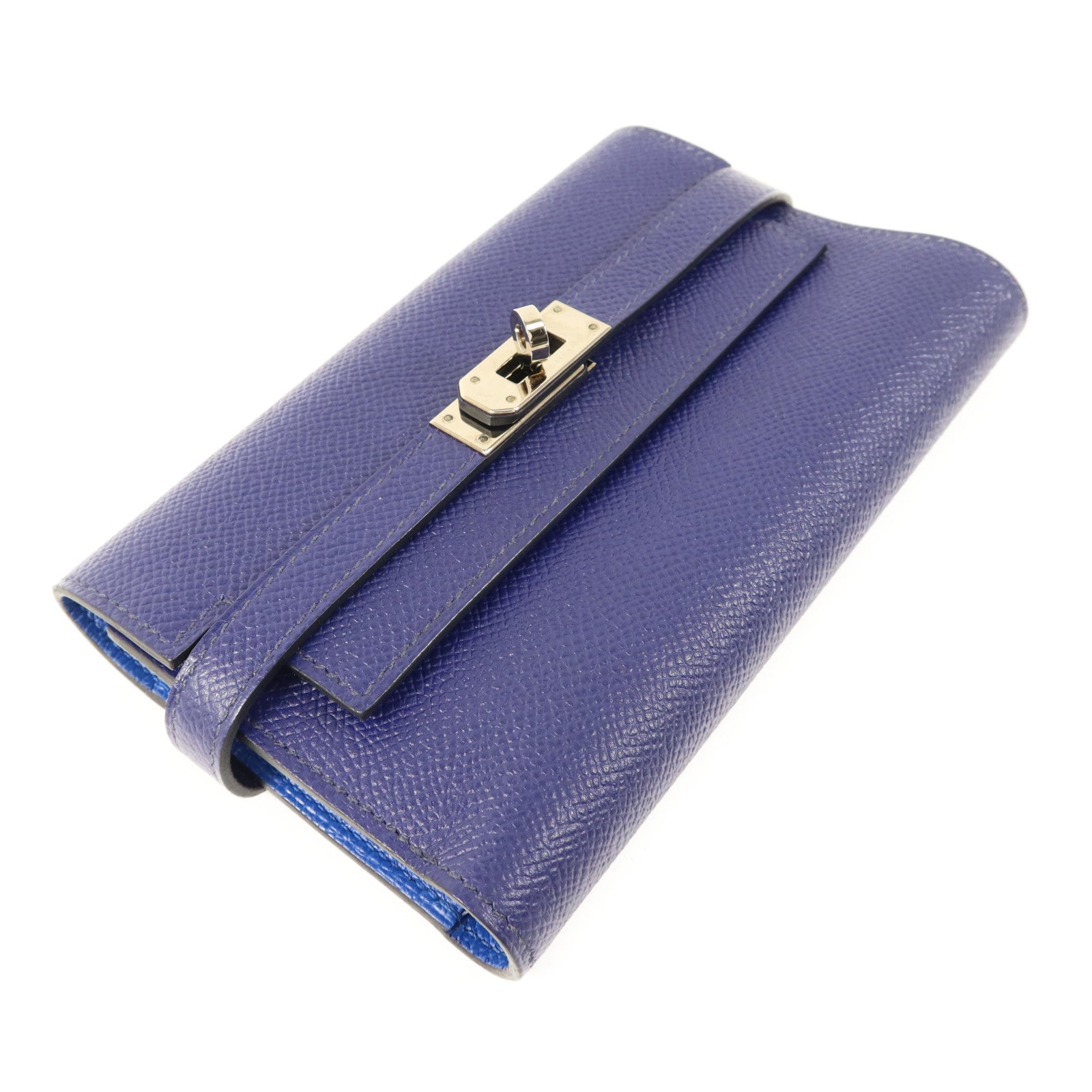 HERMES Epsom皮革Kelly Wallet銀扣錢包Bleu Encre