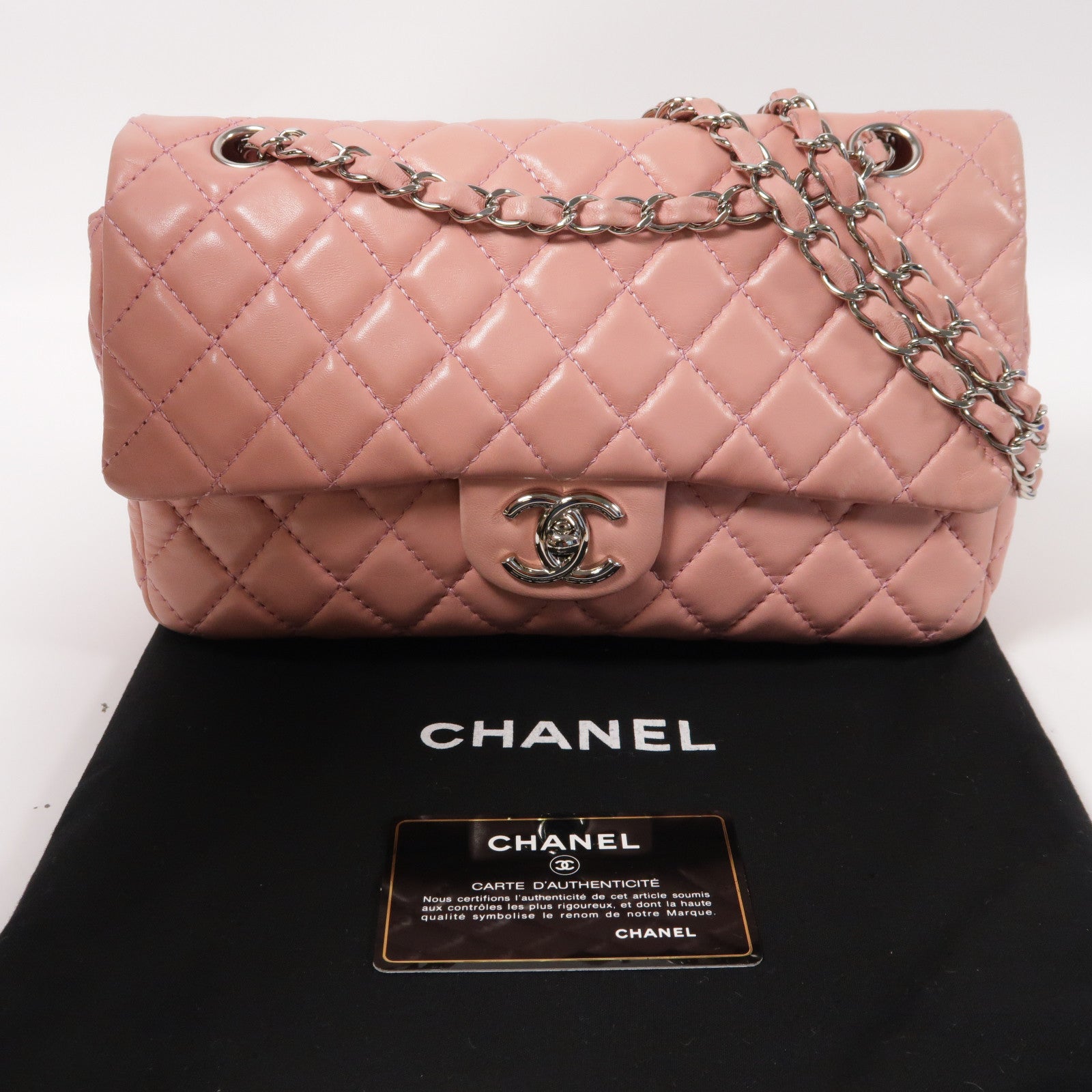 CHANEL 菱格羊皮皮革Chain Shoulder銀扣鏈帶肩背袋粉紅色