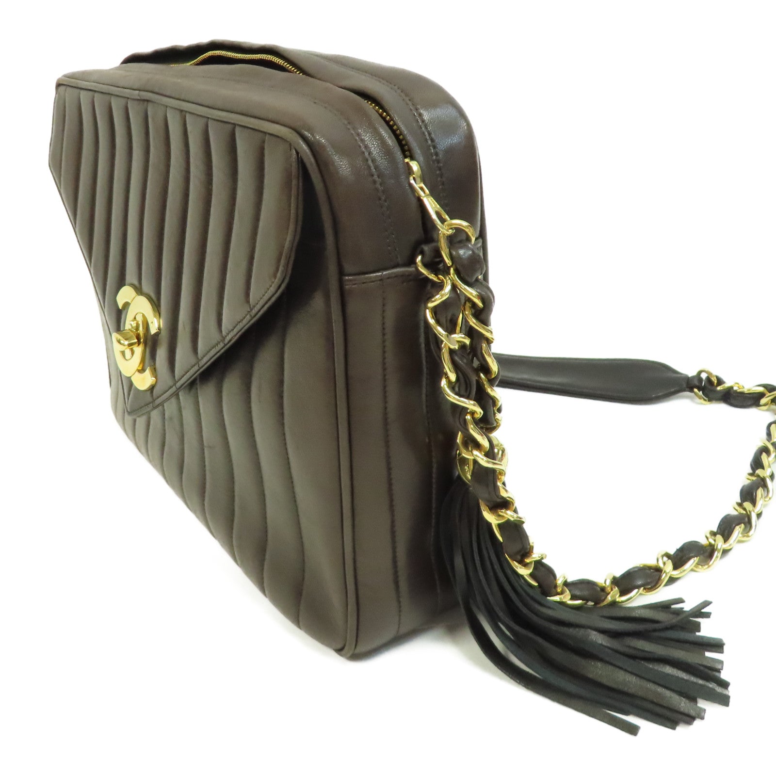 CHANEL 牛皮皮革Vintage Chain Shoulder金扣鏈帶肩背袋啡色
