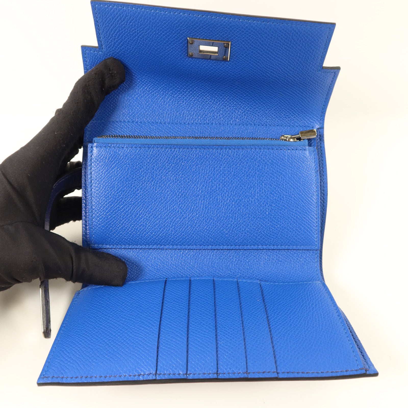 HERMES Epsom皮革Kelly Wallet銀扣錢包Bleu Encre