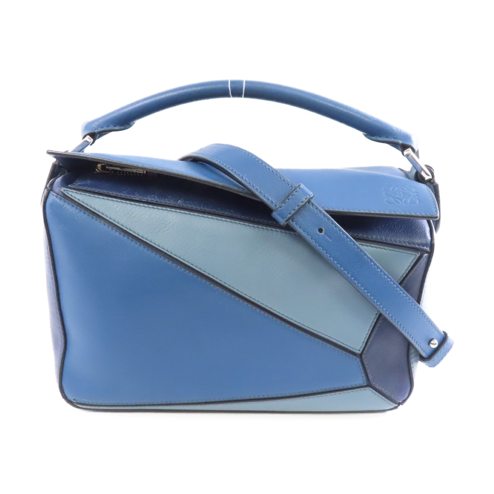 LOEWE 牛皮皮革Puzzle Bag銀扣手挽肩背兩用袋藍色