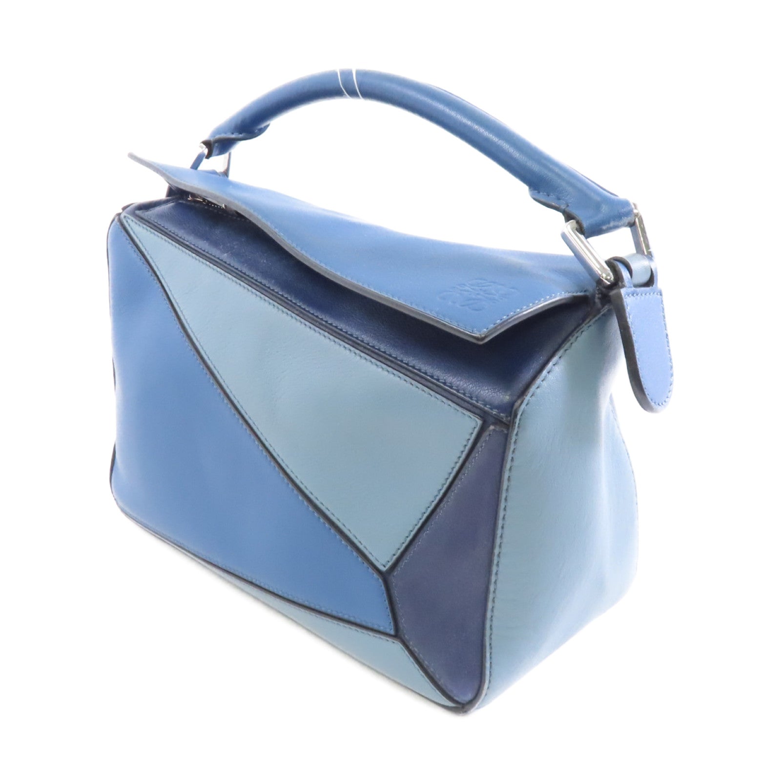 LOEWE 牛皮皮革Puzzle Bag銀扣手挽肩背兩用袋藍色