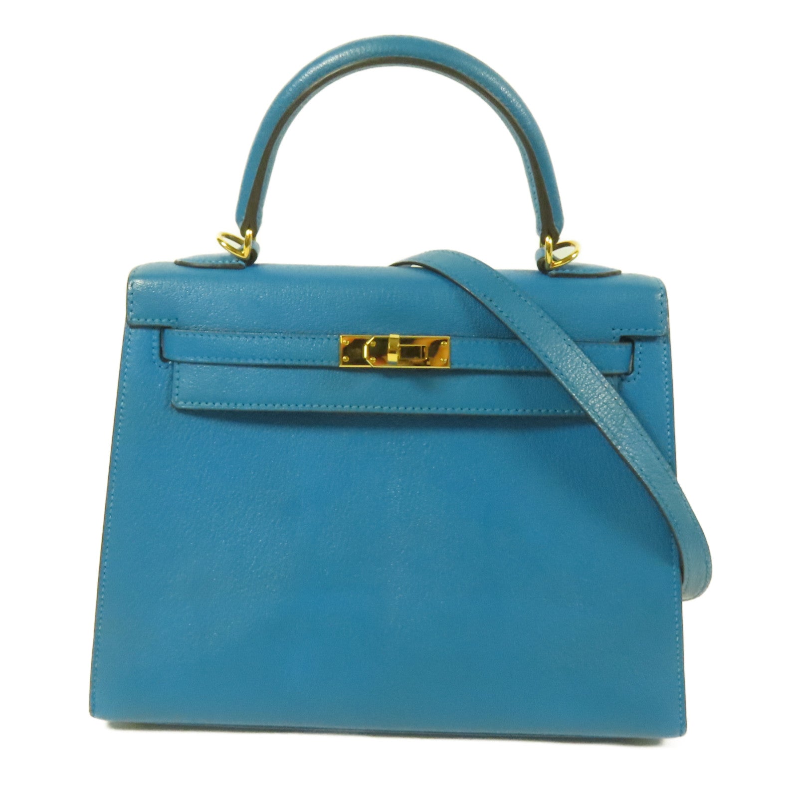 HERMES Chevre皮革Kelly 25金扣手挽肩背兩用袋Blue Zanzibar