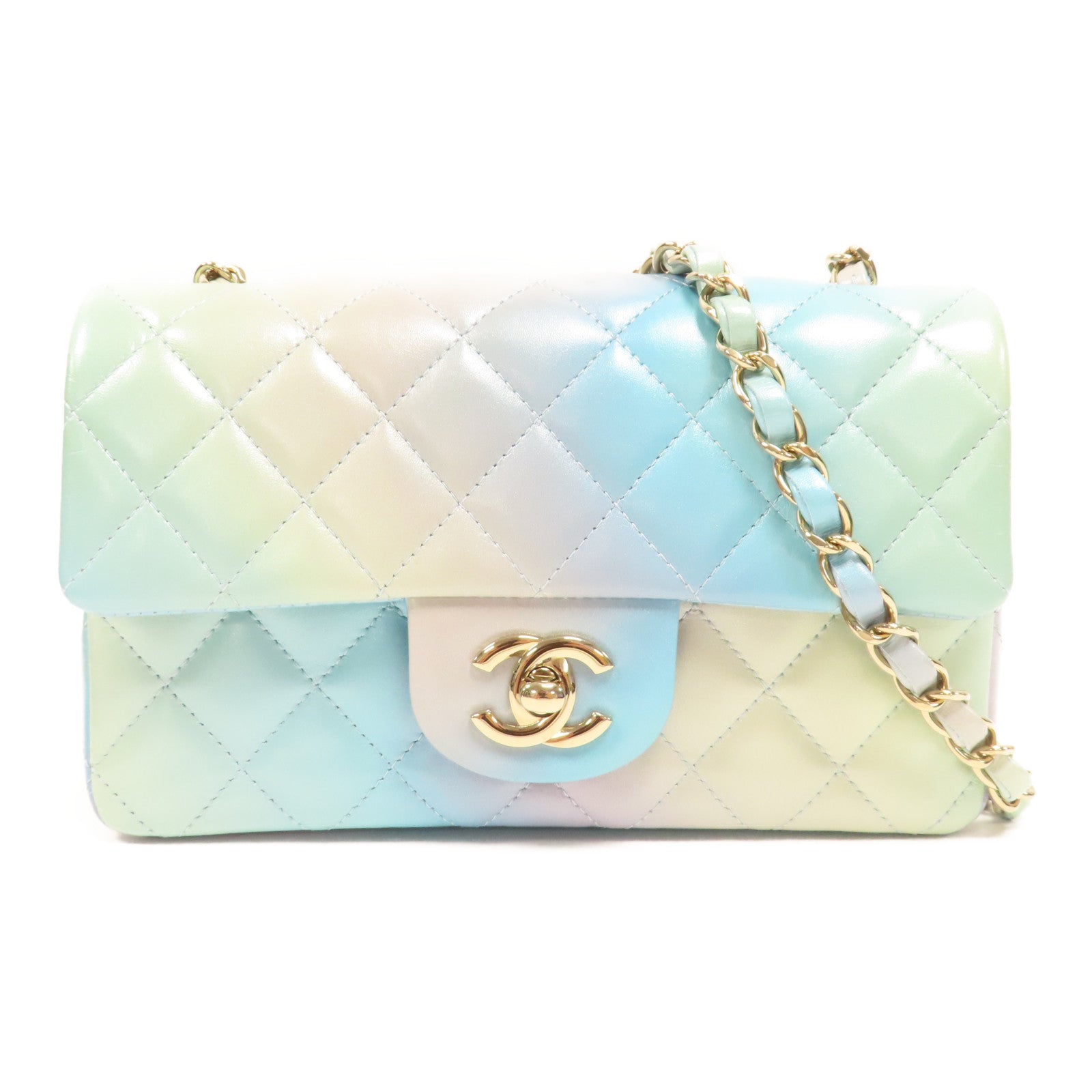 CHANEL 菱格羊皮皮革Classic Flap 20金扣鏈帶肩背袋綠色/藍色